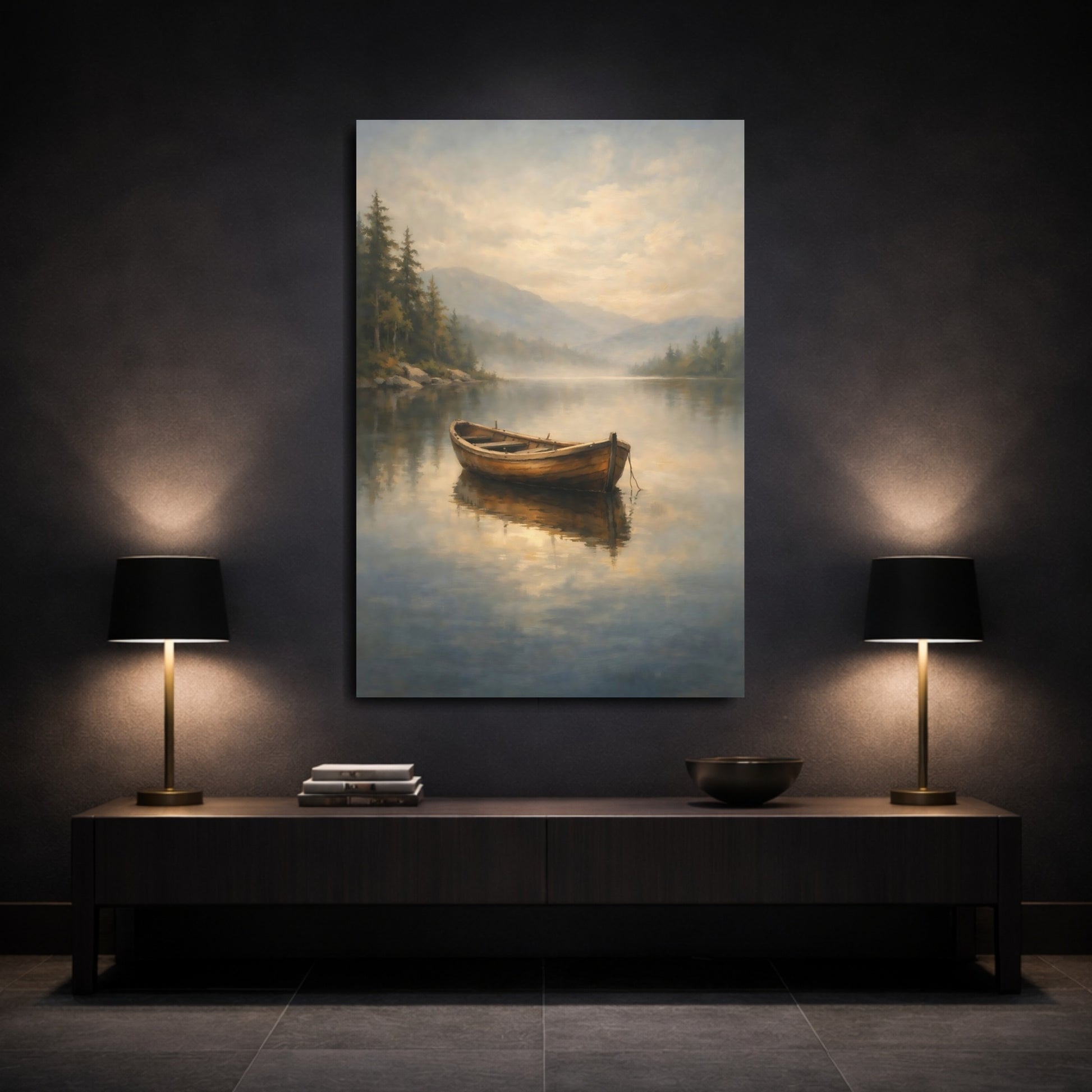 Mockup 2. Nature Wooden Boat Misty Lake Boat shown as stretched canvas wall art