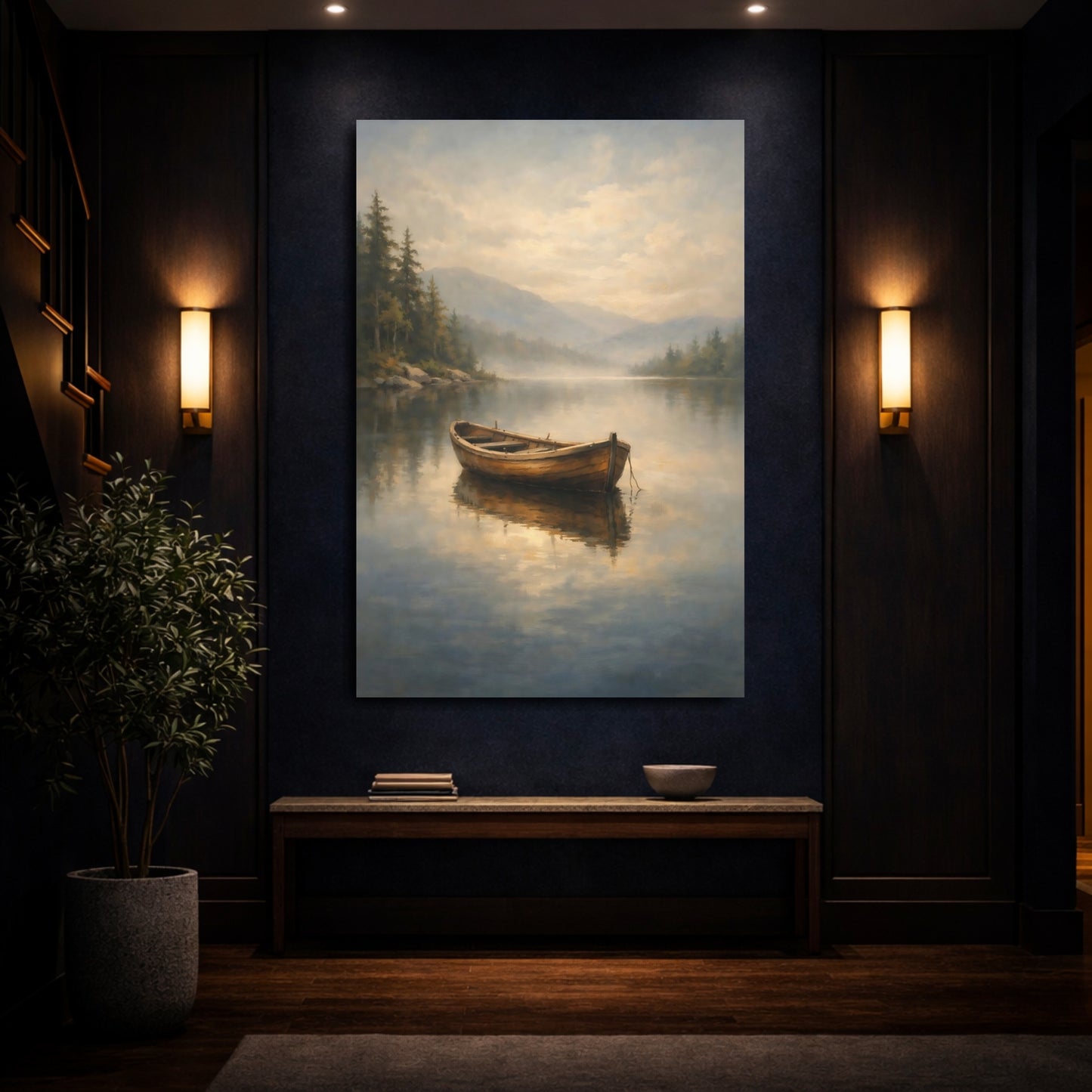 Mockup 3. Nature Wooden Boat Misty Lake Boat shown as stretched canvas wall art