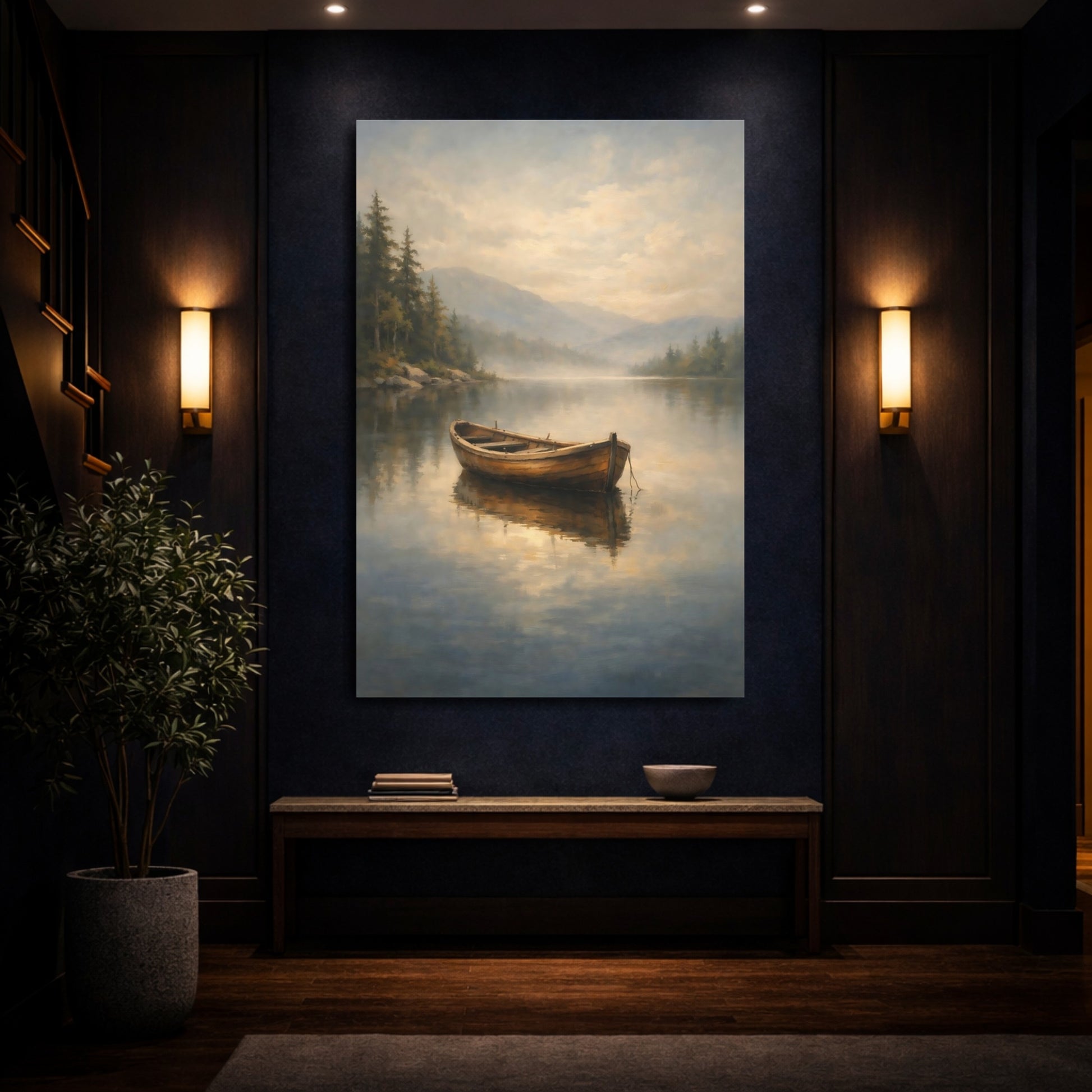 Mockup 3. Nature Wooden Boat Misty Lake Boat shown as stretched canvas wall art