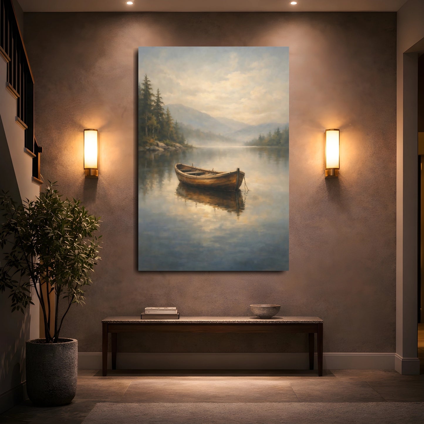 Mockup 4. Nature Wooden Boat Misty Lake Boat shown as stretched canvas wall art