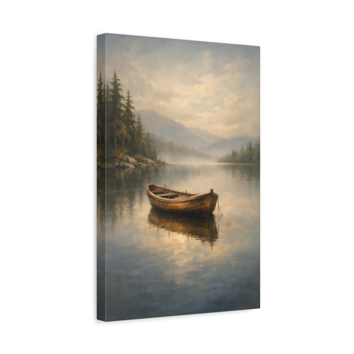 Side Mockup 4. Nature Wooden Boat Misty Lake Boat shown as stretched canvas wall art