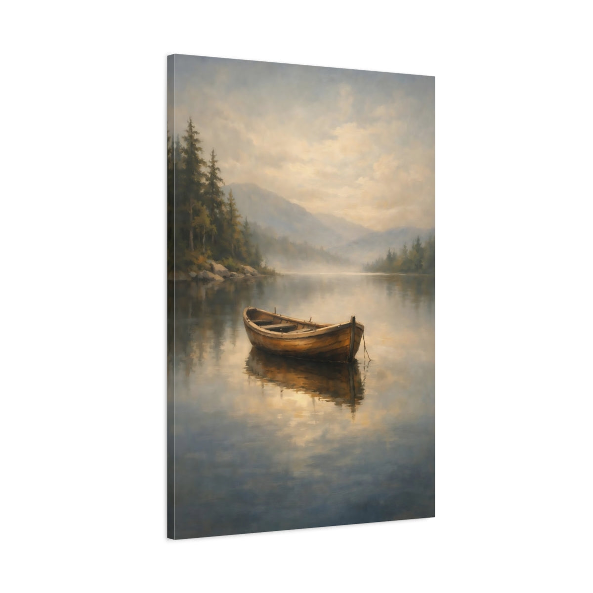 Side Mockup 1. Nature Wooden Boat Misty Lake Boat shown as stretched canvas wall art