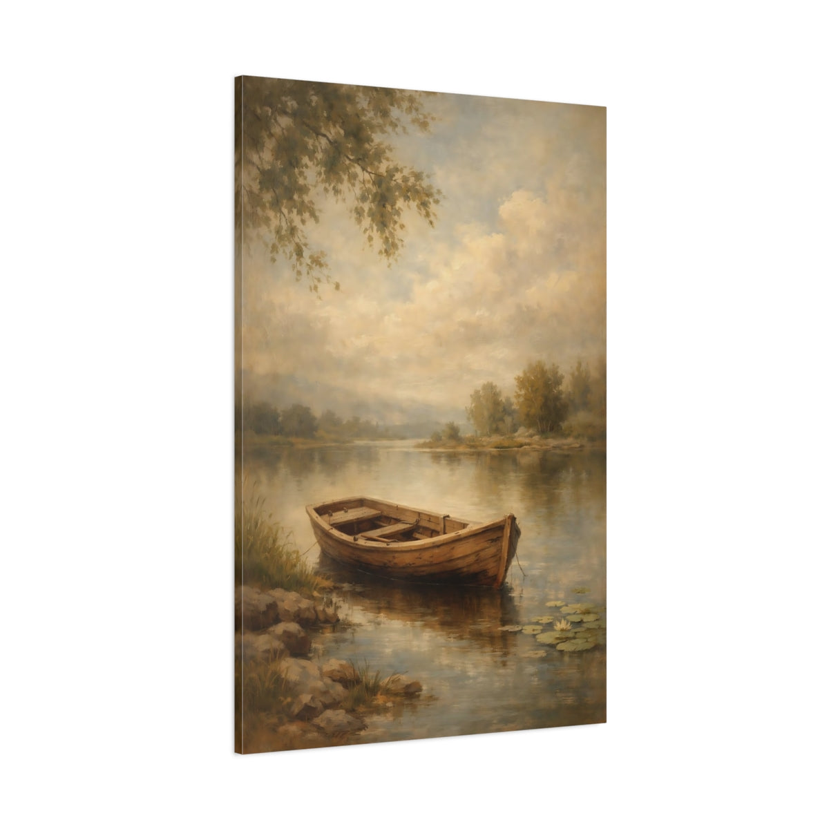 Main Mockup. Nature Wooden Boat Muted Landscape shown as stretched canvas wall art
