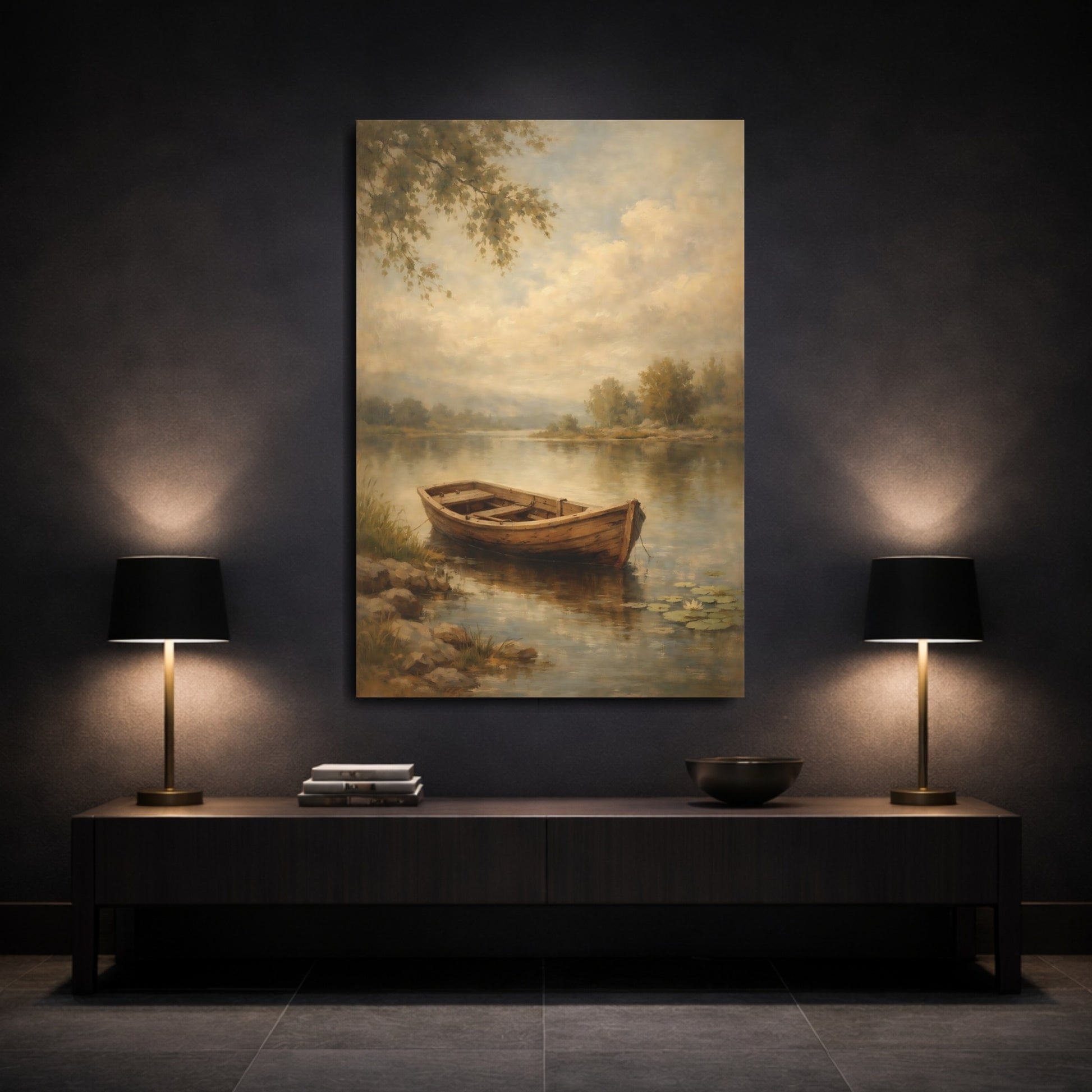 Mockup 2. Nature Wooden Boat Muted Landscape shown as stretched canvas wall art