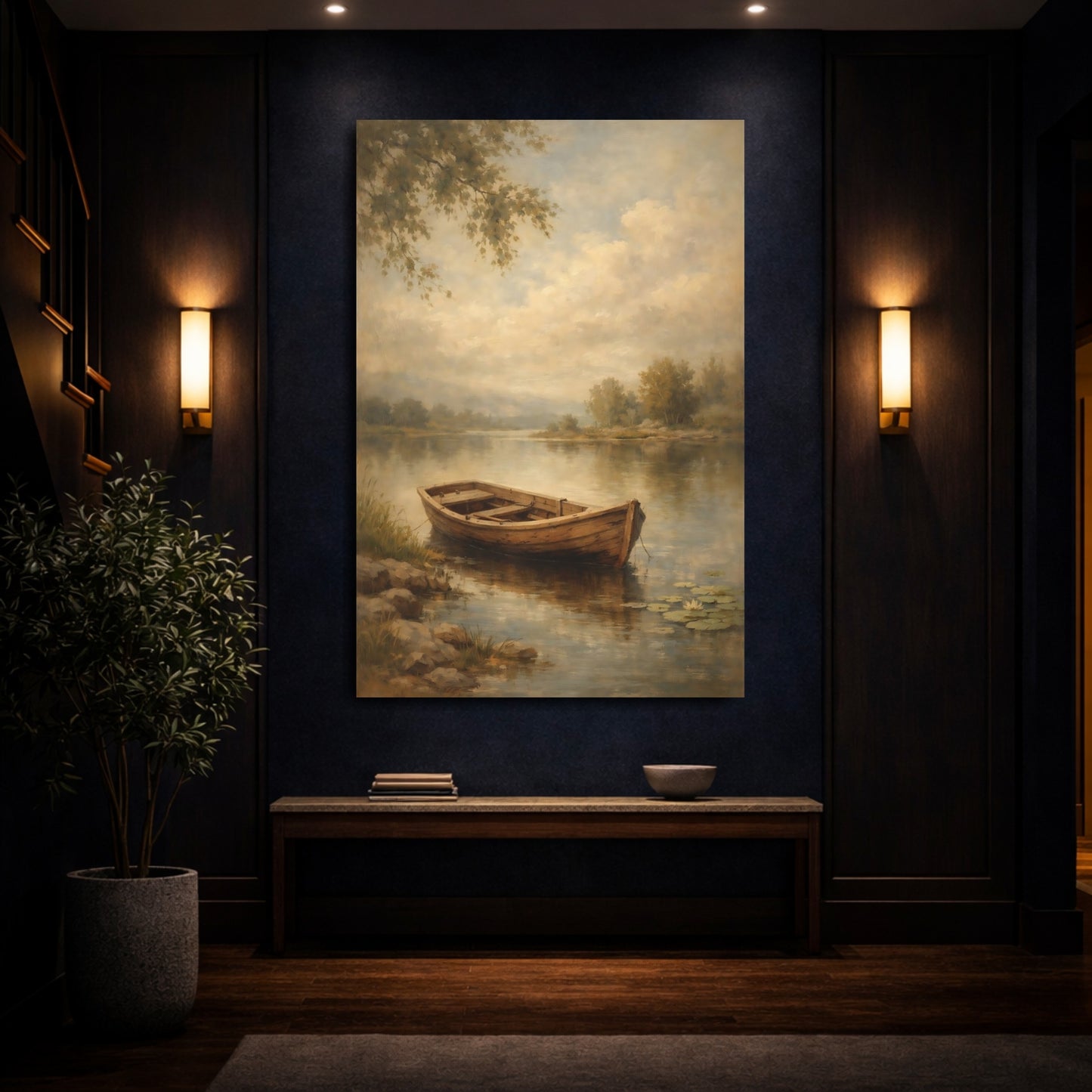 Mockup 3. Nature Wooden Boat Muted Landscape shown as stretched canvas wall art