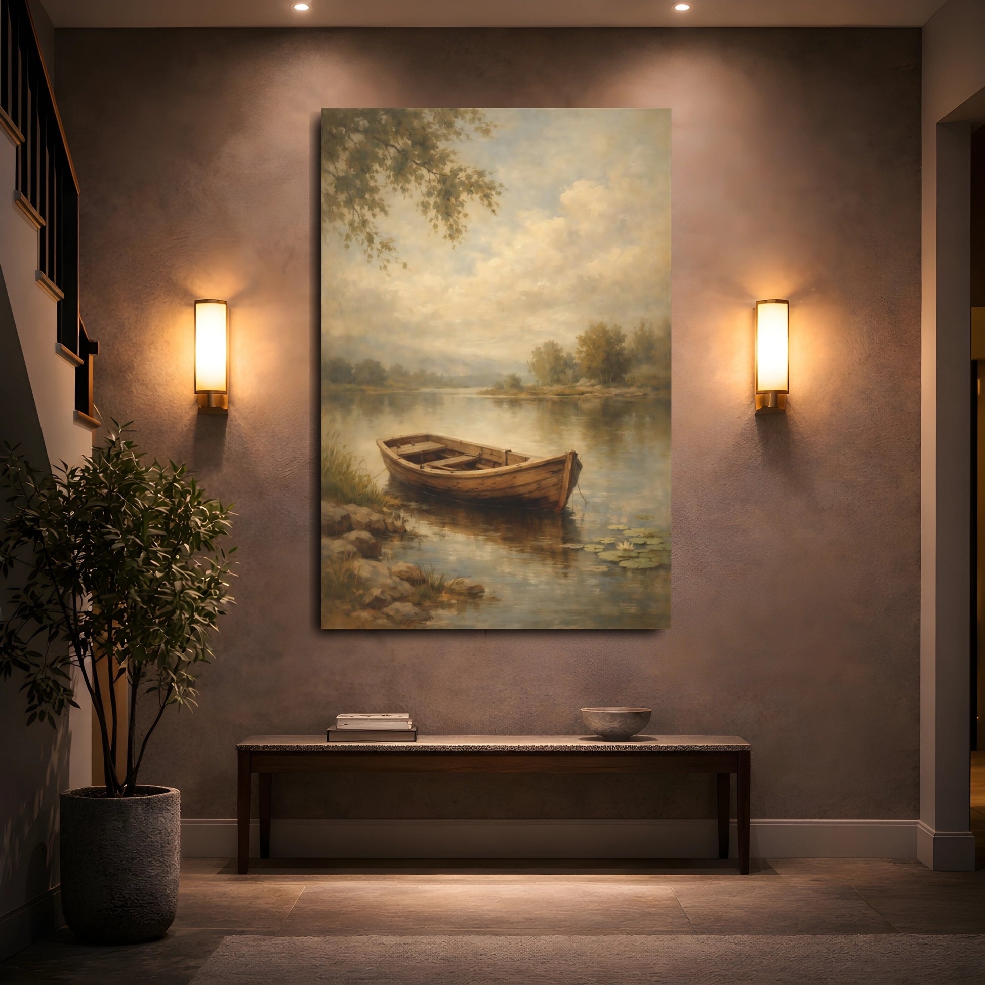 Mockup 4. Nature Wooden Boat Muted Landscape shown as stretched canvas wall art