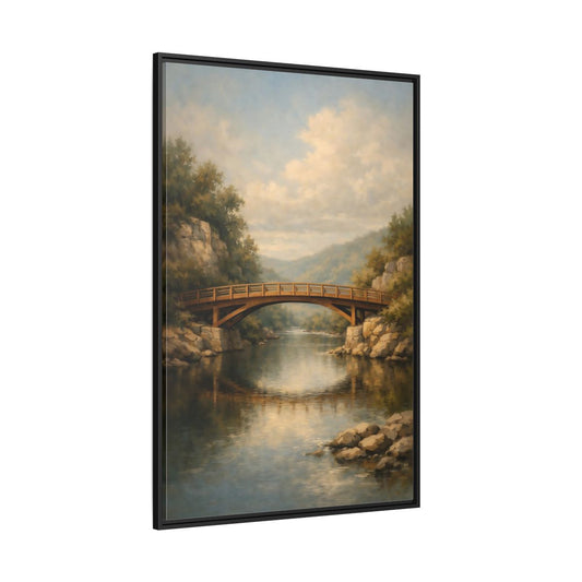 Main Mockup. Nature Wooden Bridge Brown Bridge River shown as stretched canvas wall art