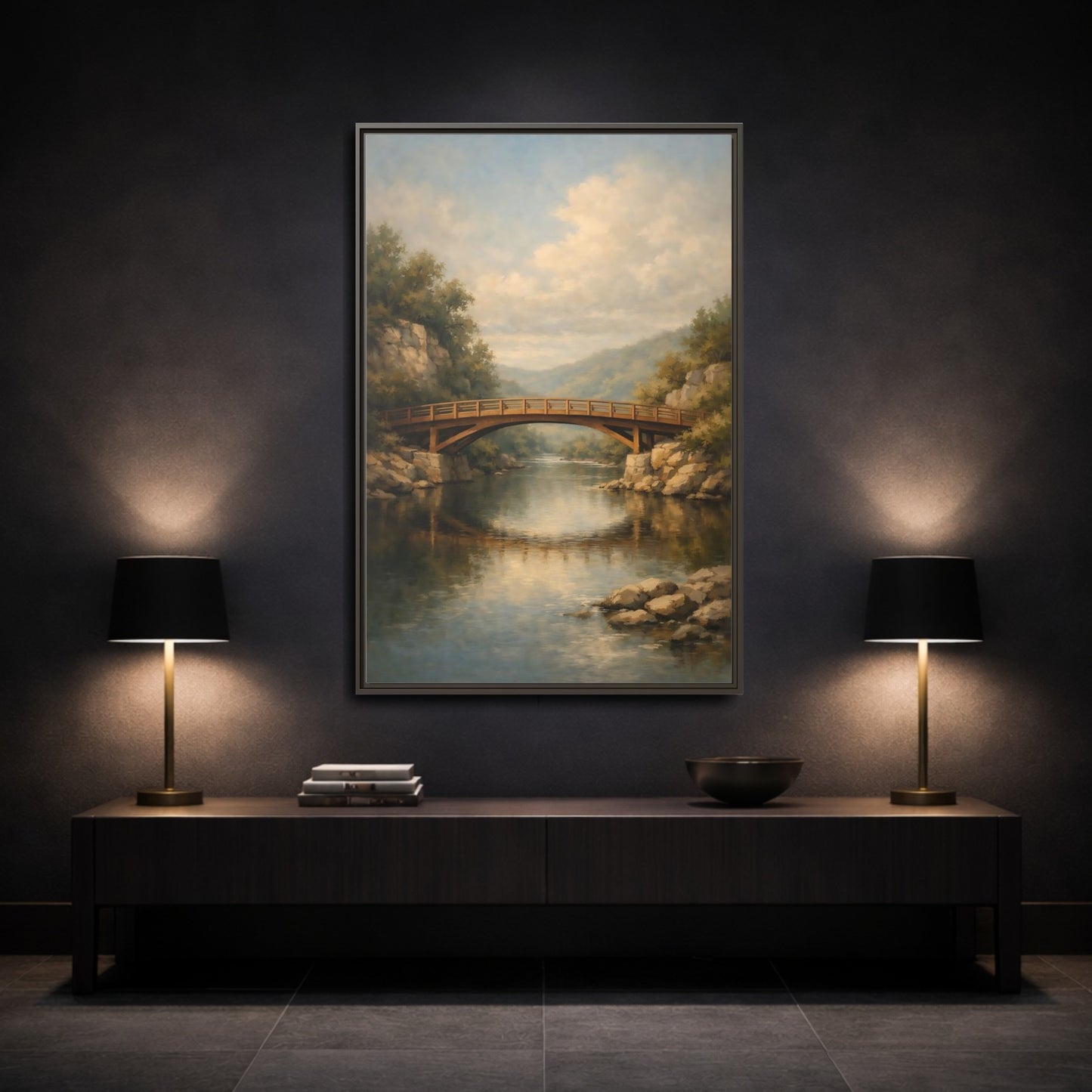 Mockup 2. Nature Wooden Bridge Brown Bridge River shown as stretched canvas wall art