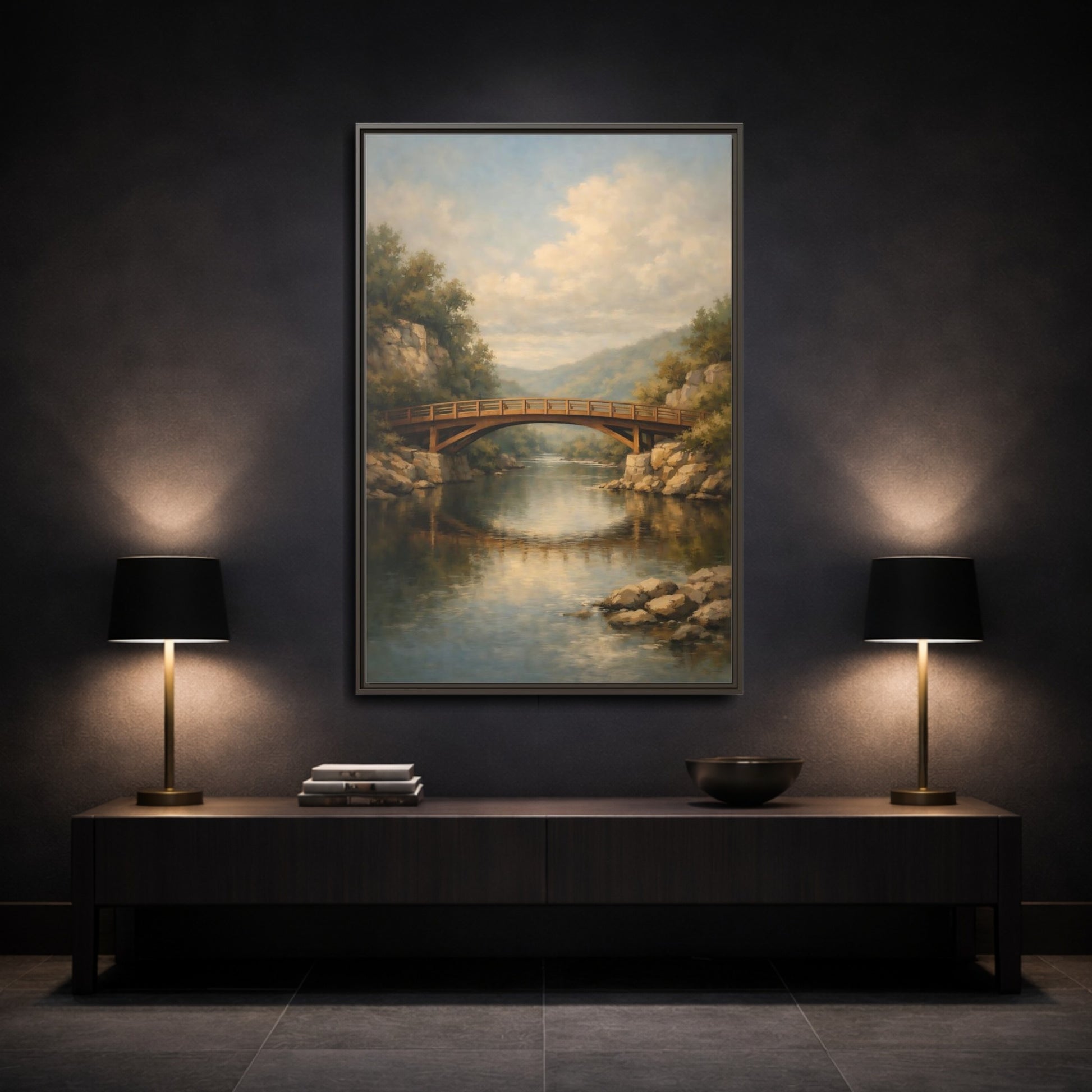Mockup 2. Nature Wooden Bridge Brown Bridge River shown as stretched canvas wall art