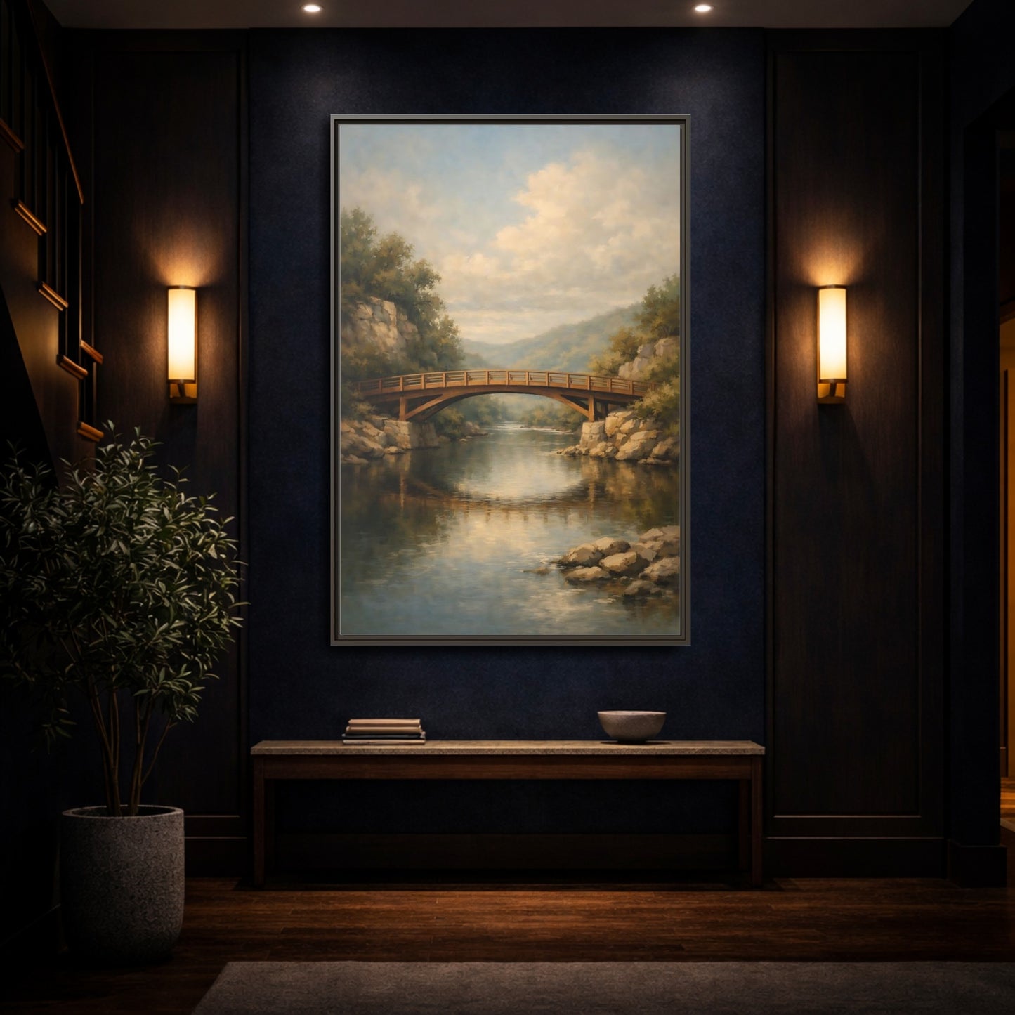 Mockup 3. Nature Wooden Bridge Brown Bridge River shown as stretched canvas wall art