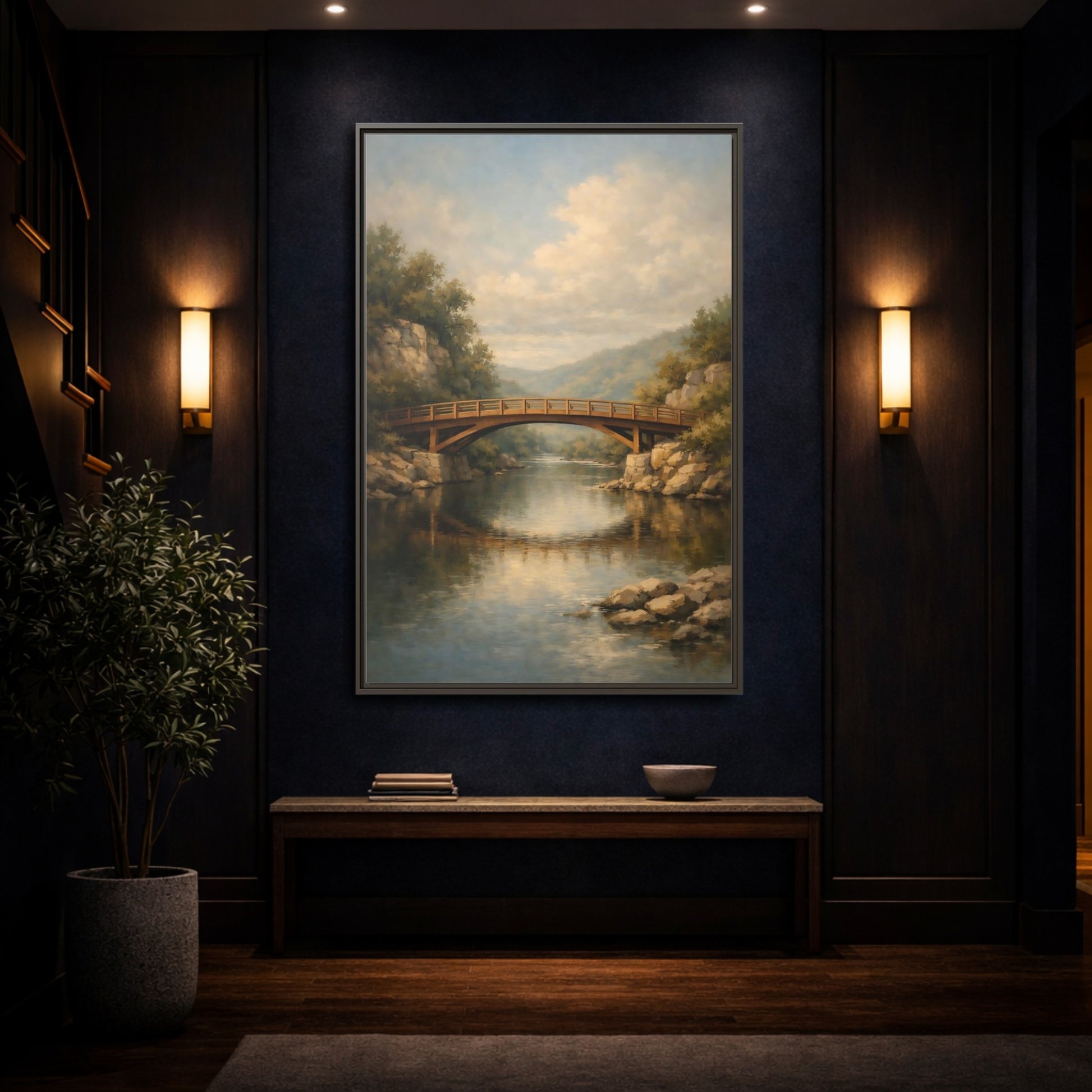 Mockup 3. Nature Wooden Bridge Brown Bridge River shown as stretched canvas wall art