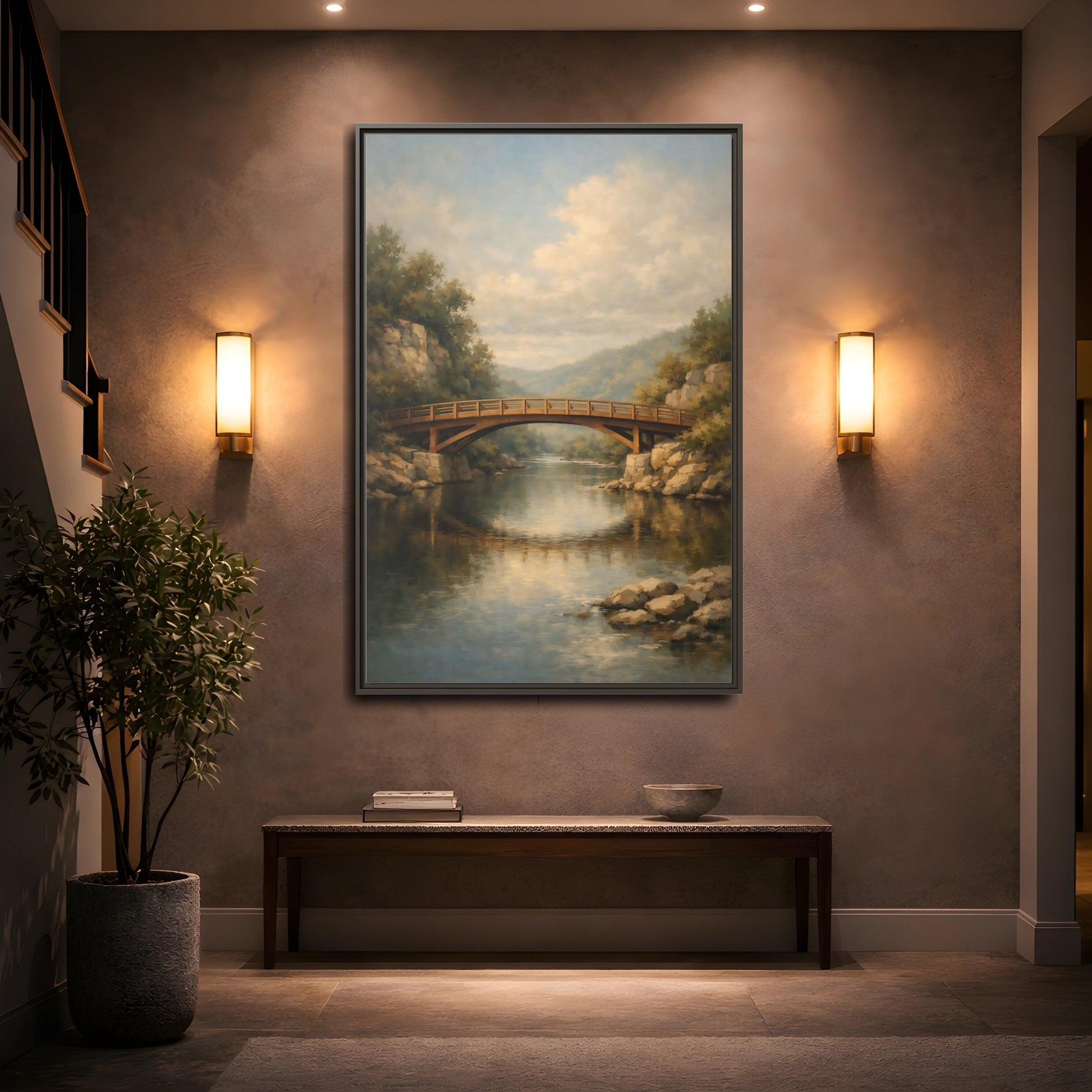 Mockup 4. Nature Wooden Bridge Brown Bridge River shown as stretched canvas wall art