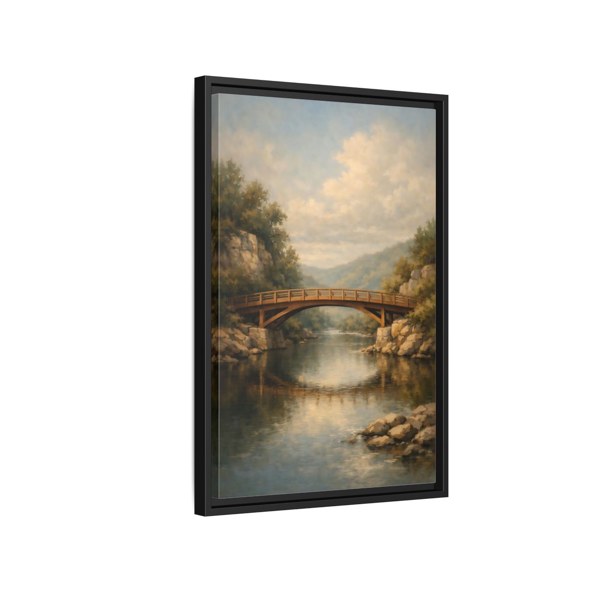 Side Mockup 3. Nature Wooden Bridge Brown Bridge River shown as stretched canvas wall art