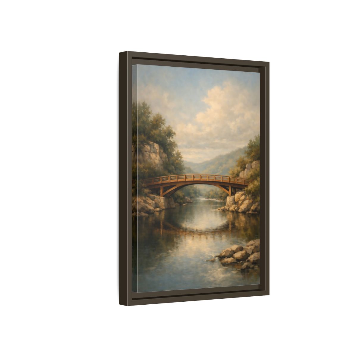 Side Mockup 5. Nature Wooden Bridge Brown Bridge River shown as stretched canvas wall art