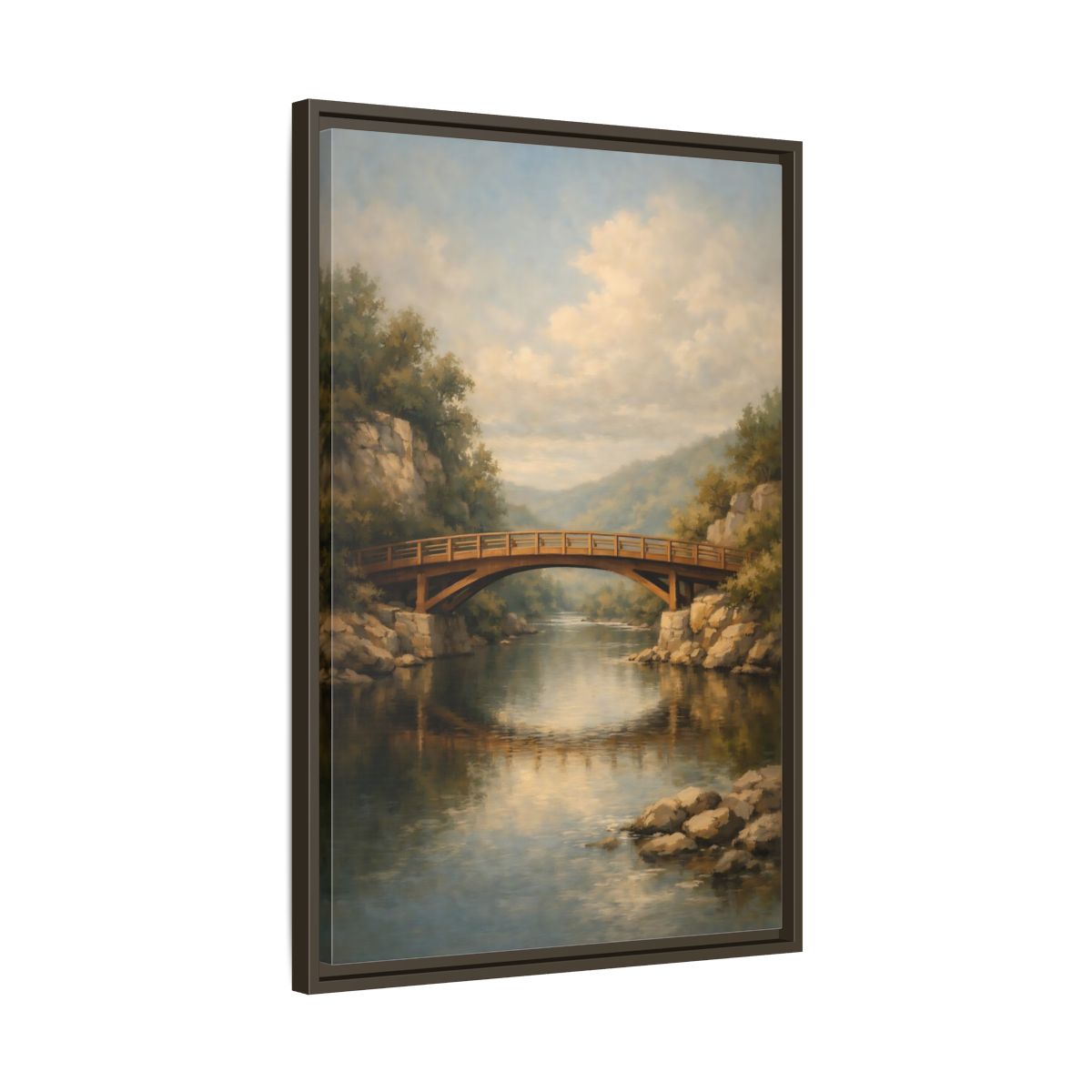 Side Mockup 12. Nature Wooden Bridge Brown Bridge River shown as stretched canvas wall art