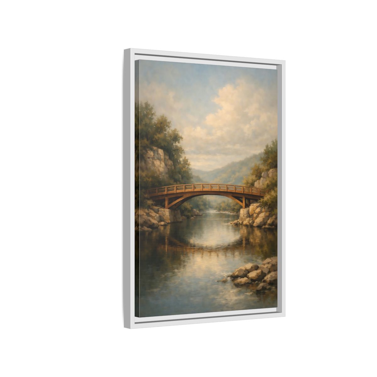 Side Mockup 1. Nature Wooden Bridge Brown Bridge River shown as stretched canvas wall art