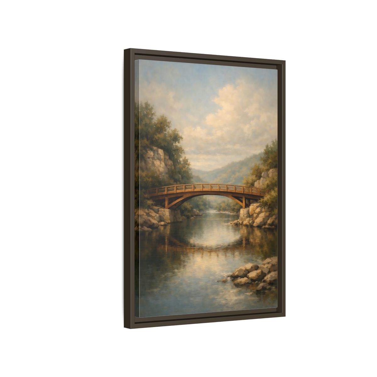 Side Mockup 2. Nature Wooden Bridge Brown Bridge River shown as stretched canvas wall art