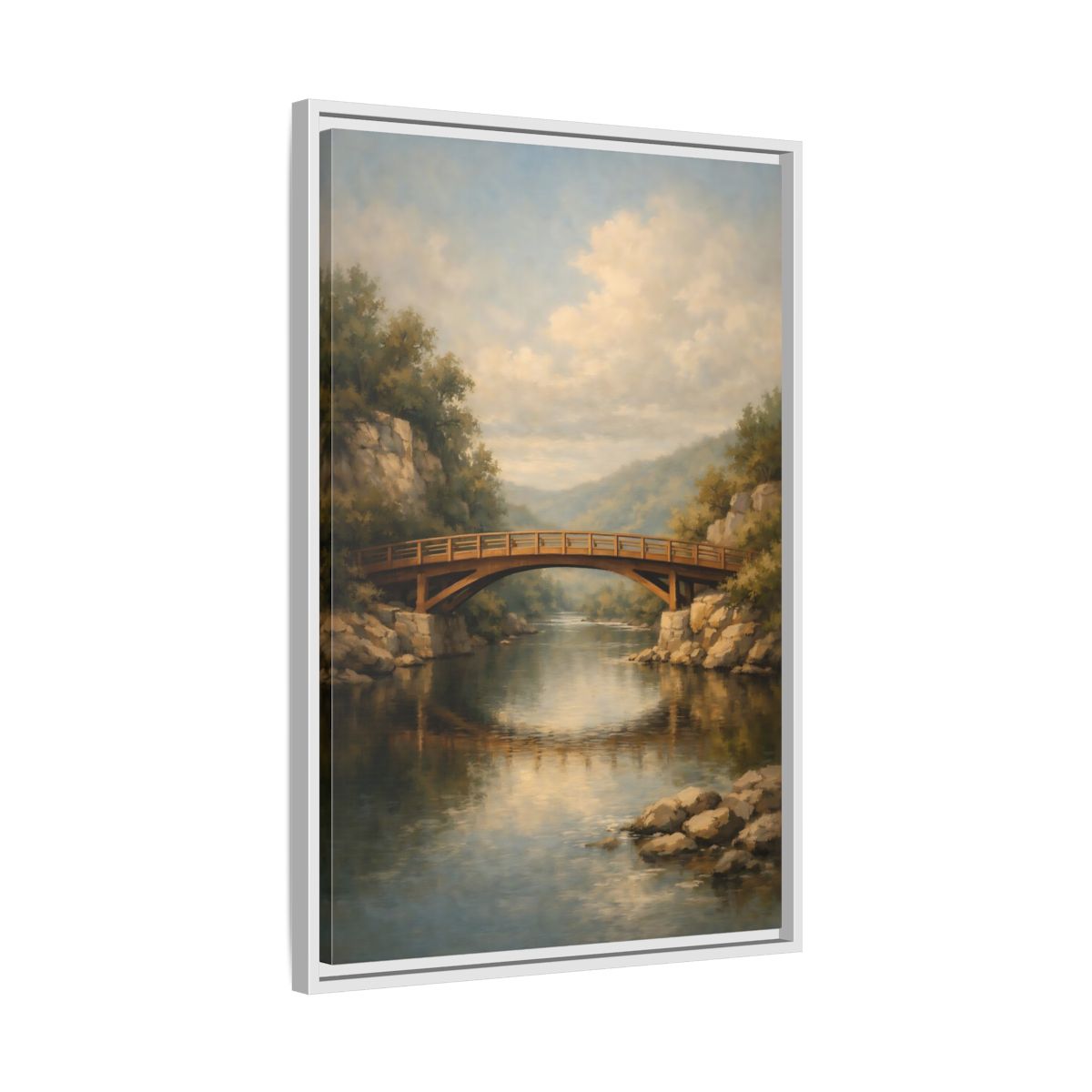 Side Mockup 11. Nature Wooden Bridge Brown Bridge River shown as stretched canvas wall art