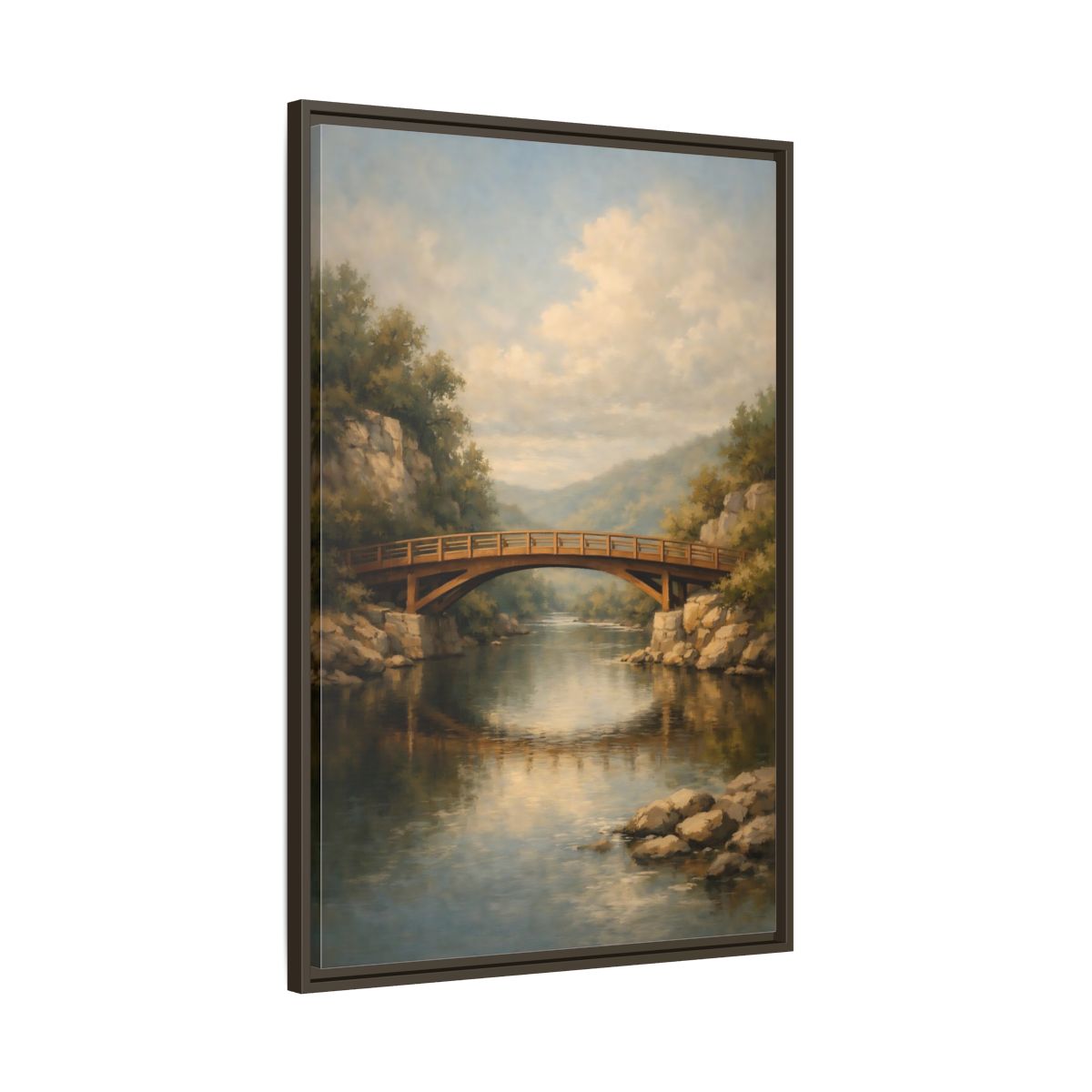 Side Mockup 10. Nature Wooden Bridge Brown Bridge River shown as stretched canvas wall art