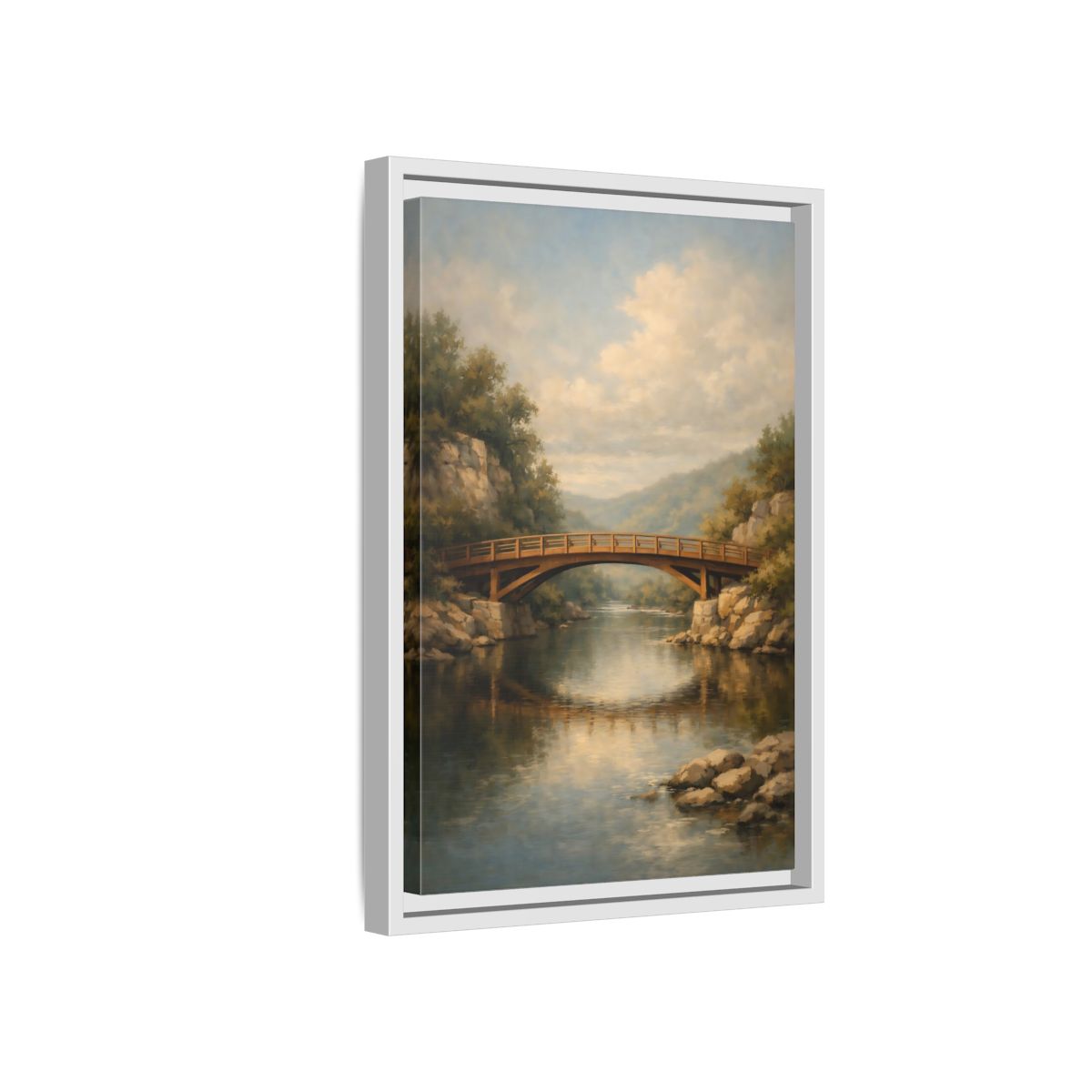 Side Mockup 4. Nature Wooden Bridge Brown Bridge River shown as stretched canvas wall art