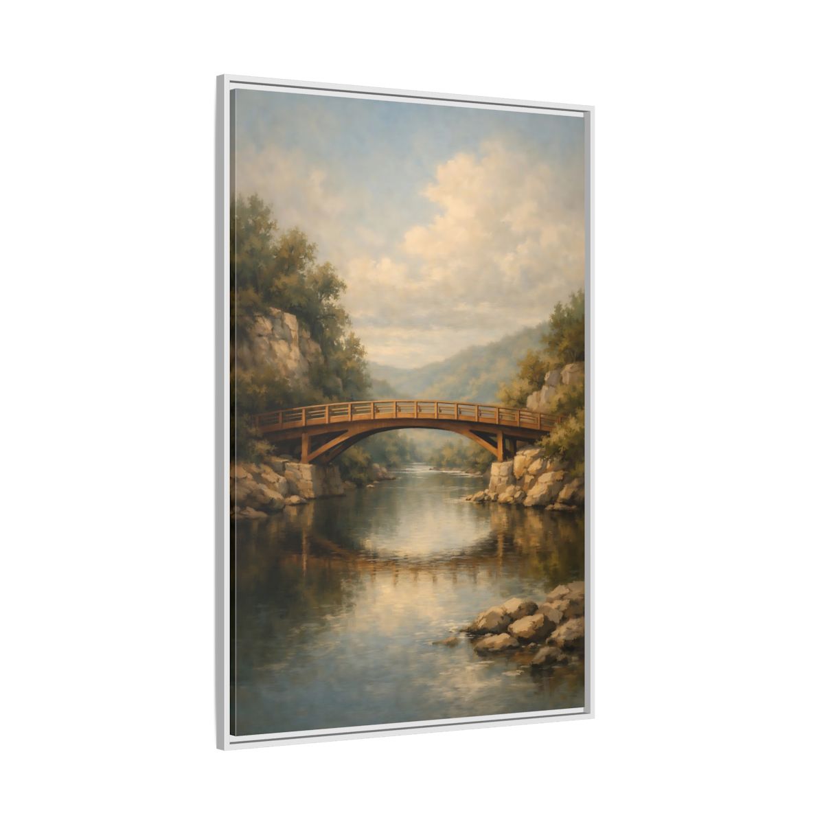 Side Mockup 7. Nature Wooden Bridge Brown Bridge River shown as stretched canvas wall art