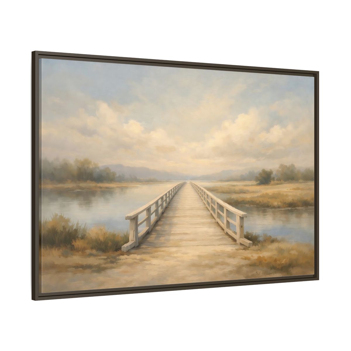 Main Mockup. Nature Wooden Bridge Muted Landscape shown as stretched canvas wall art