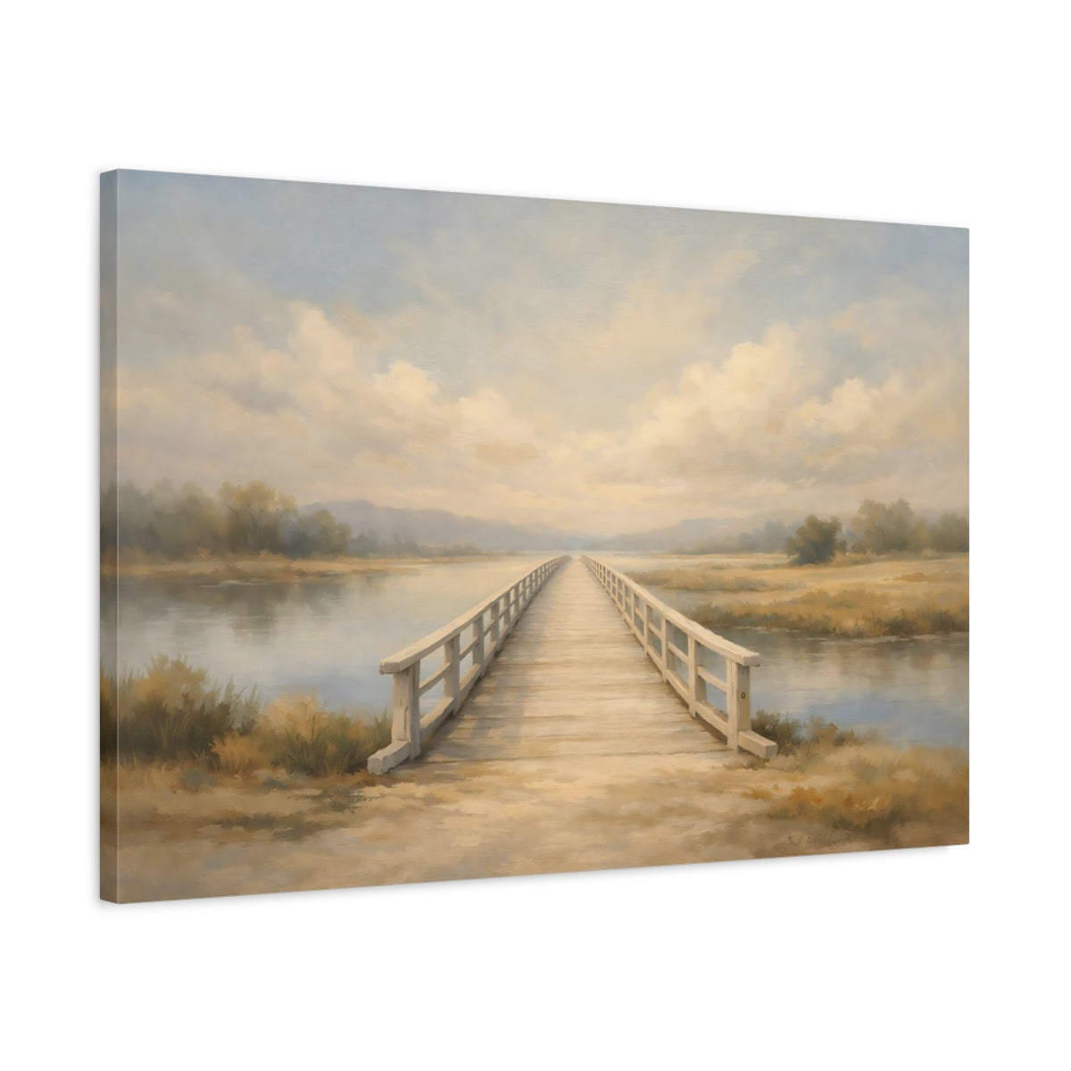 Side Mockup 2. Nature Wooden Bridge Muted Landscape shown as stretched canvas wall art