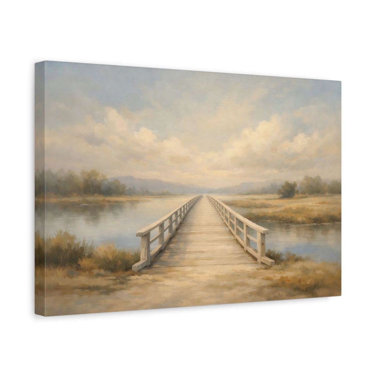 Side Mockup 4. Nature Wooden Bridge Muted Landscape shown as stretched canvas wall art