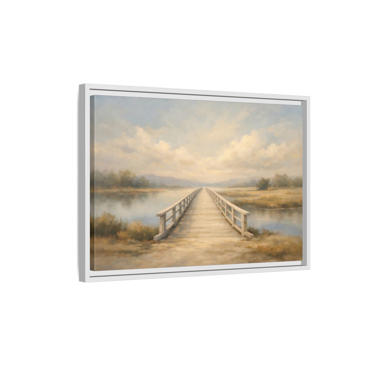 Side Mockup 1. Nature Wooden Bridge Muted Landscape shown as stretched canvas wall art