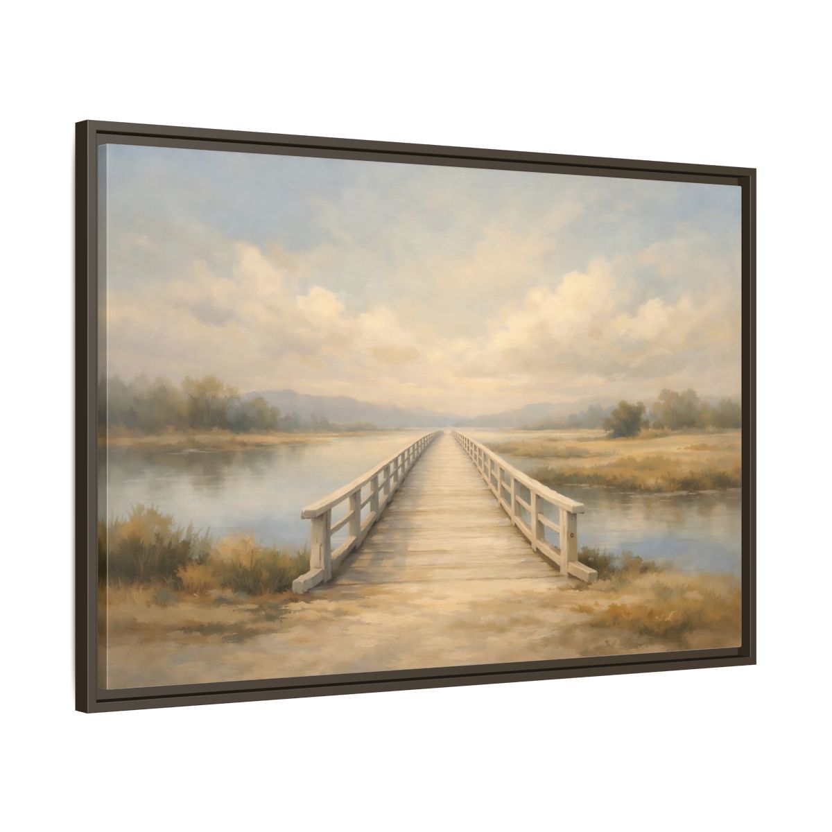 Side Mockup 9. Nature Wooden Bridge Muted Landscape shown as stretched canvas wall art