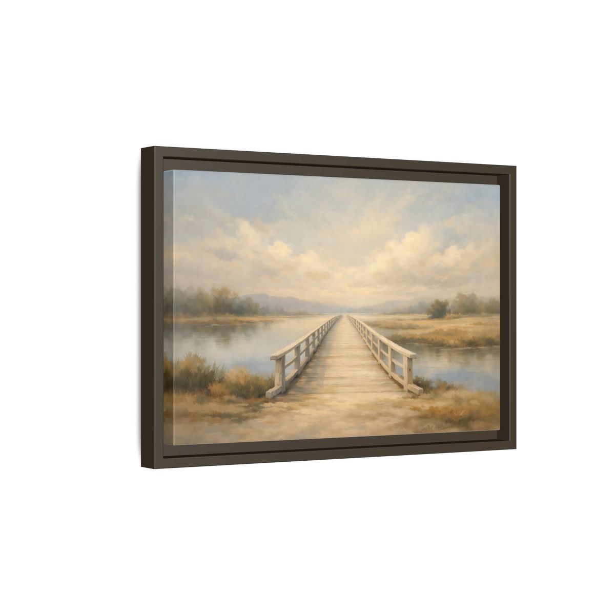 Side Mockup 5. Nature Wooden Bridge Muted Landscape shown as stretched canvas wall art