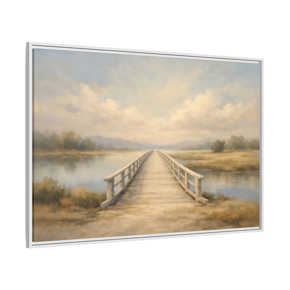 Side Mockup 7. Nature Wooden Bridge Muted Landscape shown as stretched canvas wall art