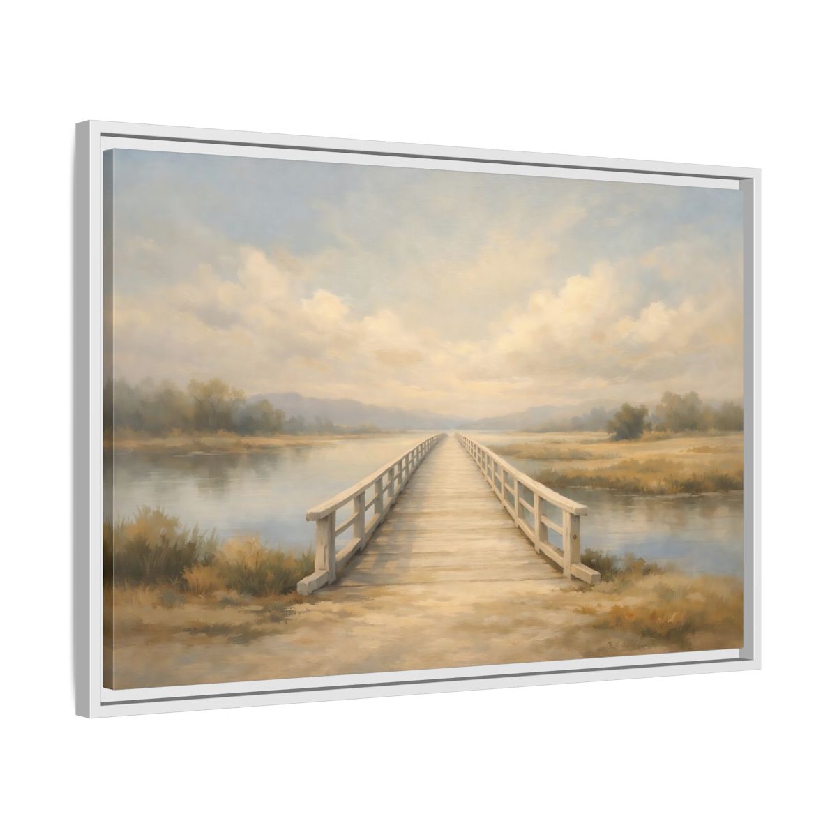 Side Mockup 10. Nature Wooden Bridge Muted Landscape shown as stretched canvas wall art