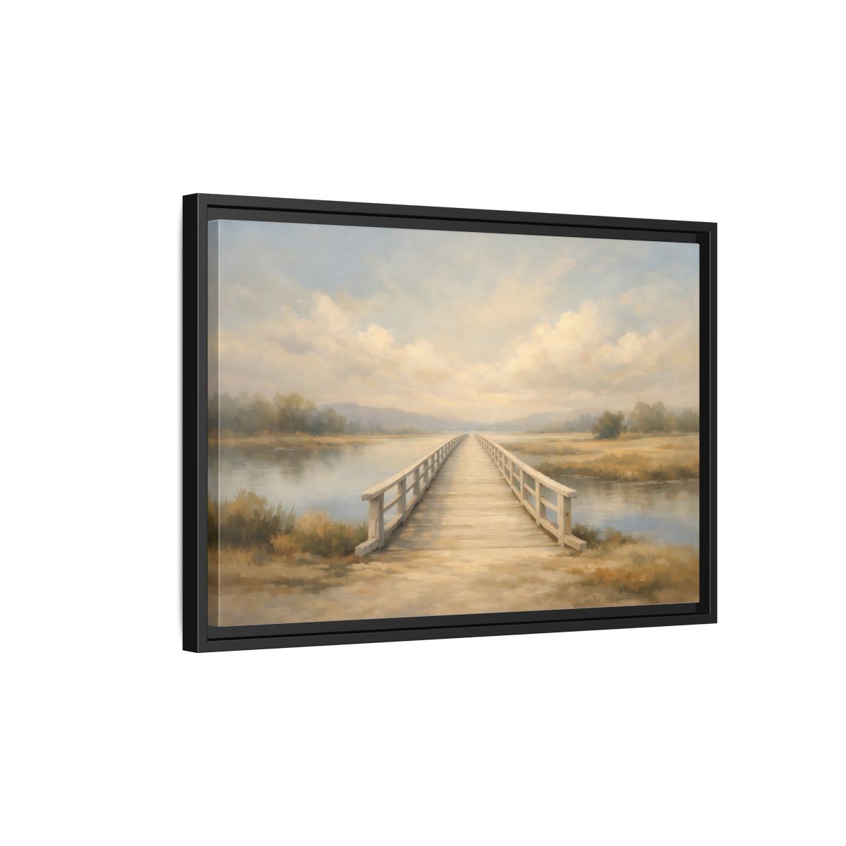 Side Mockup 3. Nature Wooden Bridge Muted Landscape shown as stretched canvas wall art