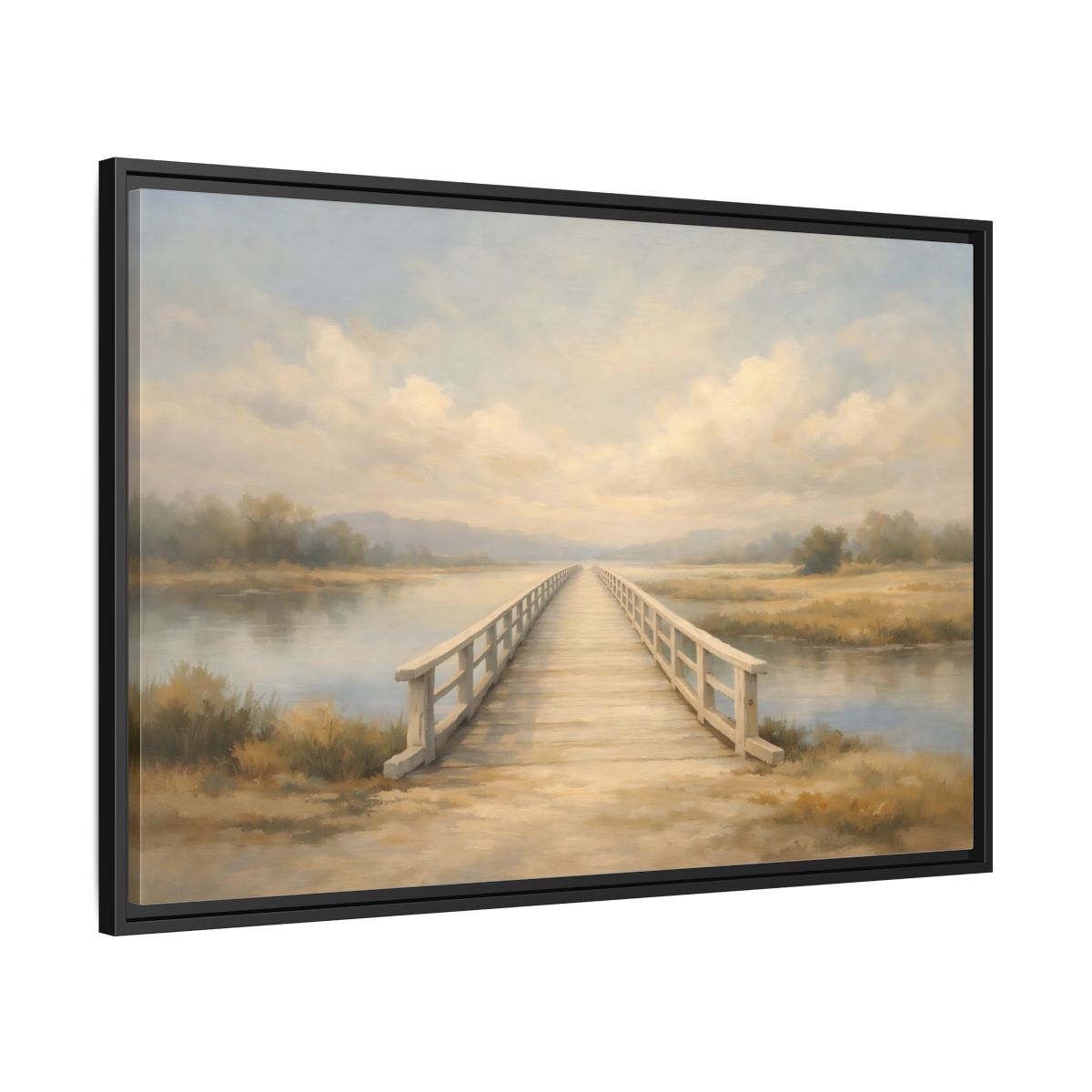 Side Mockup 13. Nature Wooden Bridge Muted Landscape shown as stretched canvas wall art