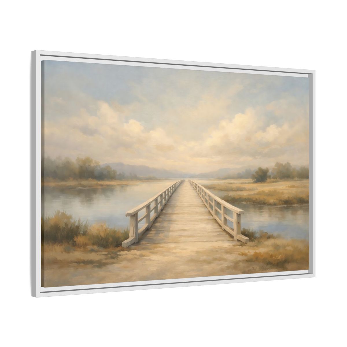Side Mockup 8. Nature Wooden Bridge Muted Landscape shown as stretched canvas wall art