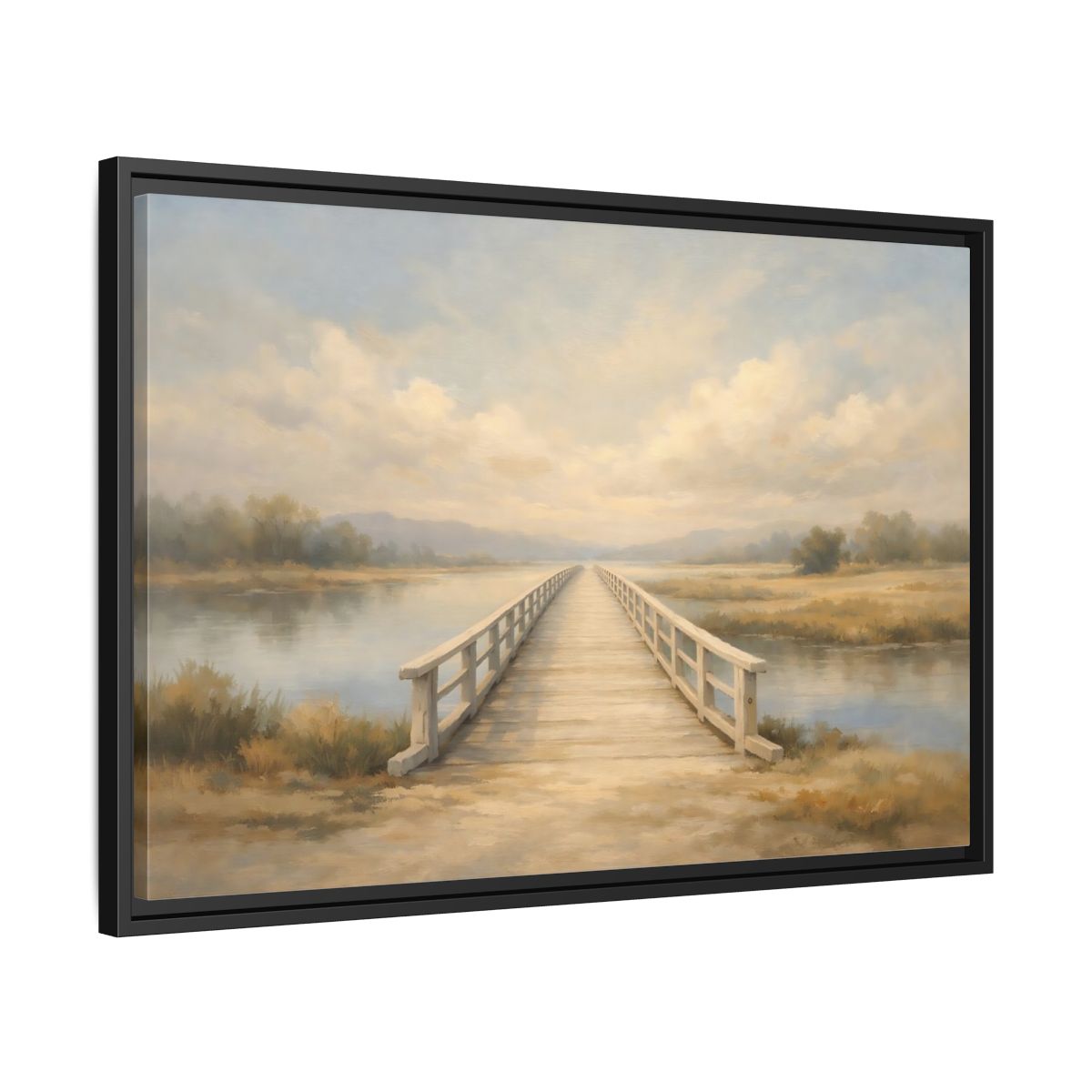 Side Mockup 14. Nature Wooden Bridge Muted Landscape shown as stretched canvas wall art