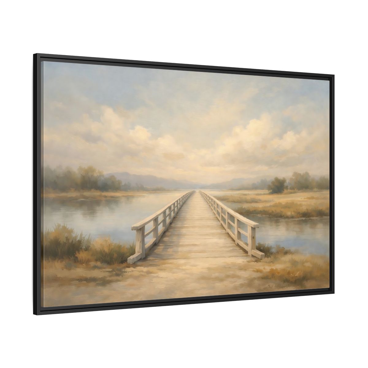 Side Mockup 12. Nature Wooden Bridge Muted Landscape shown as stretched canvas wall art