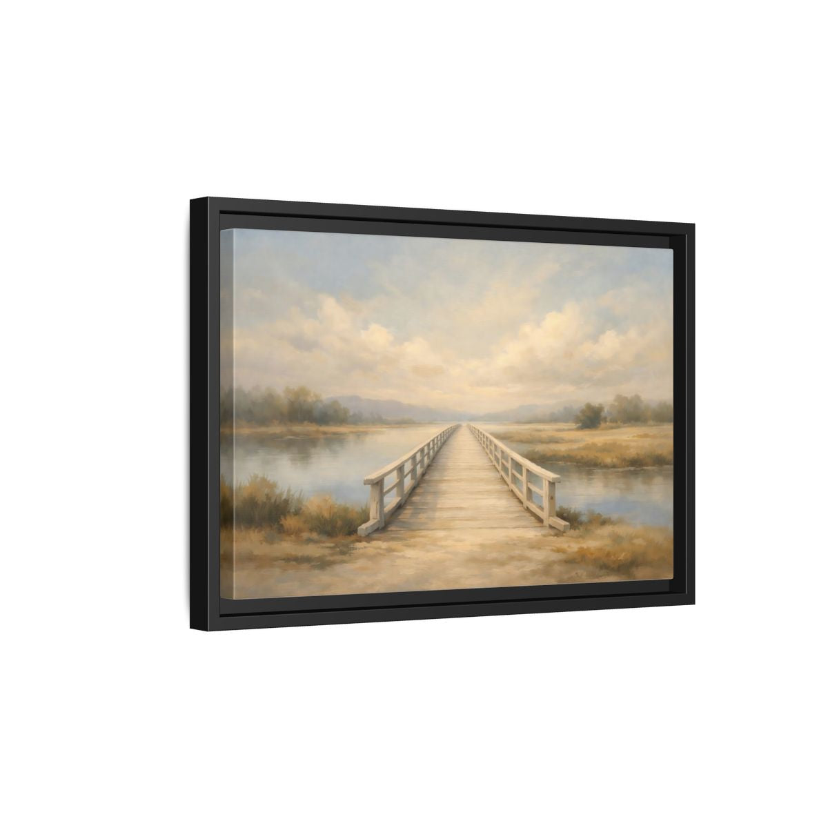 Side Mockup 6. Nature Wooden Bridge Muted Landscape shown as stretched canvas wall art