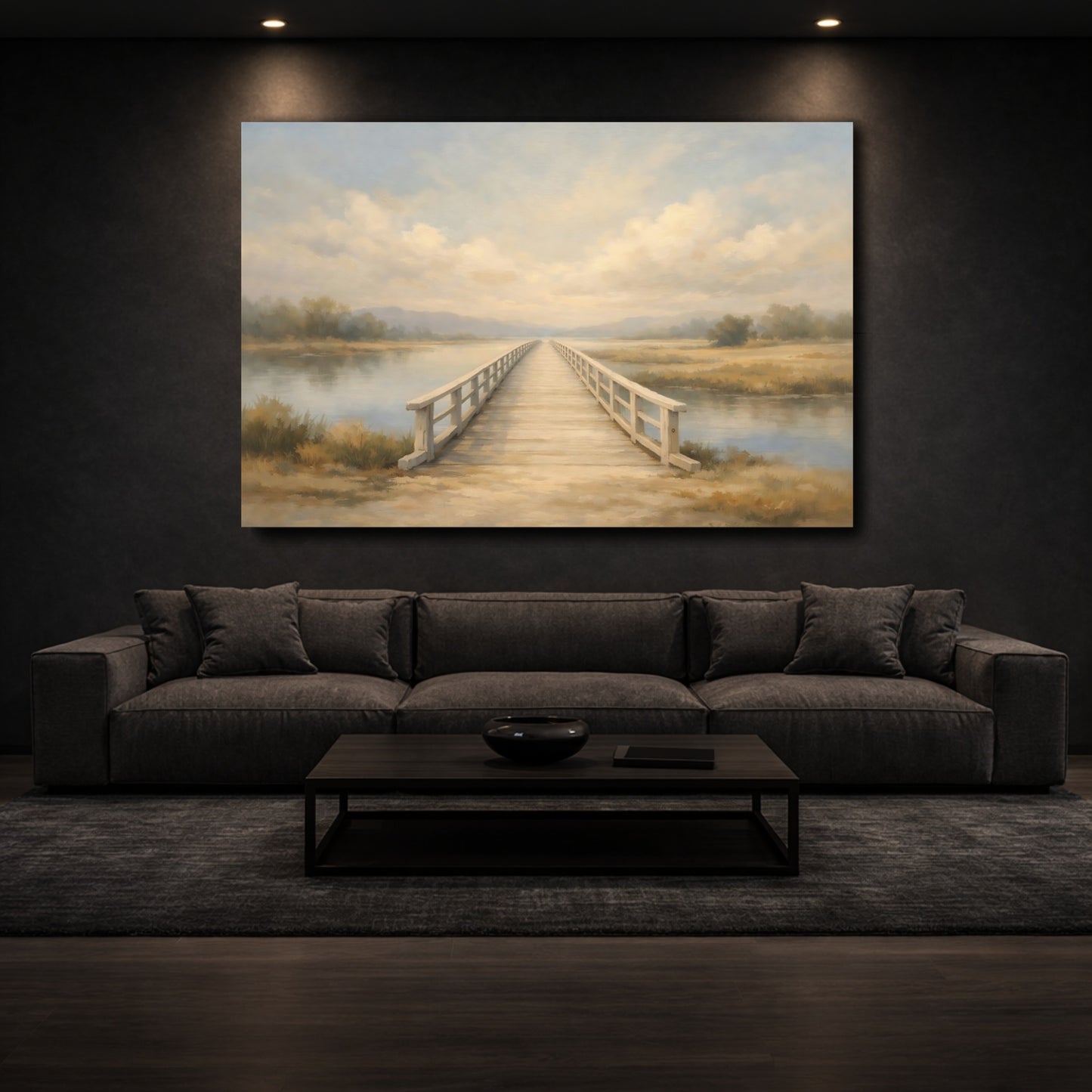Mockup 2. Nature Wooden Bridge Muted Landscape shown as stretched canvas wall art
