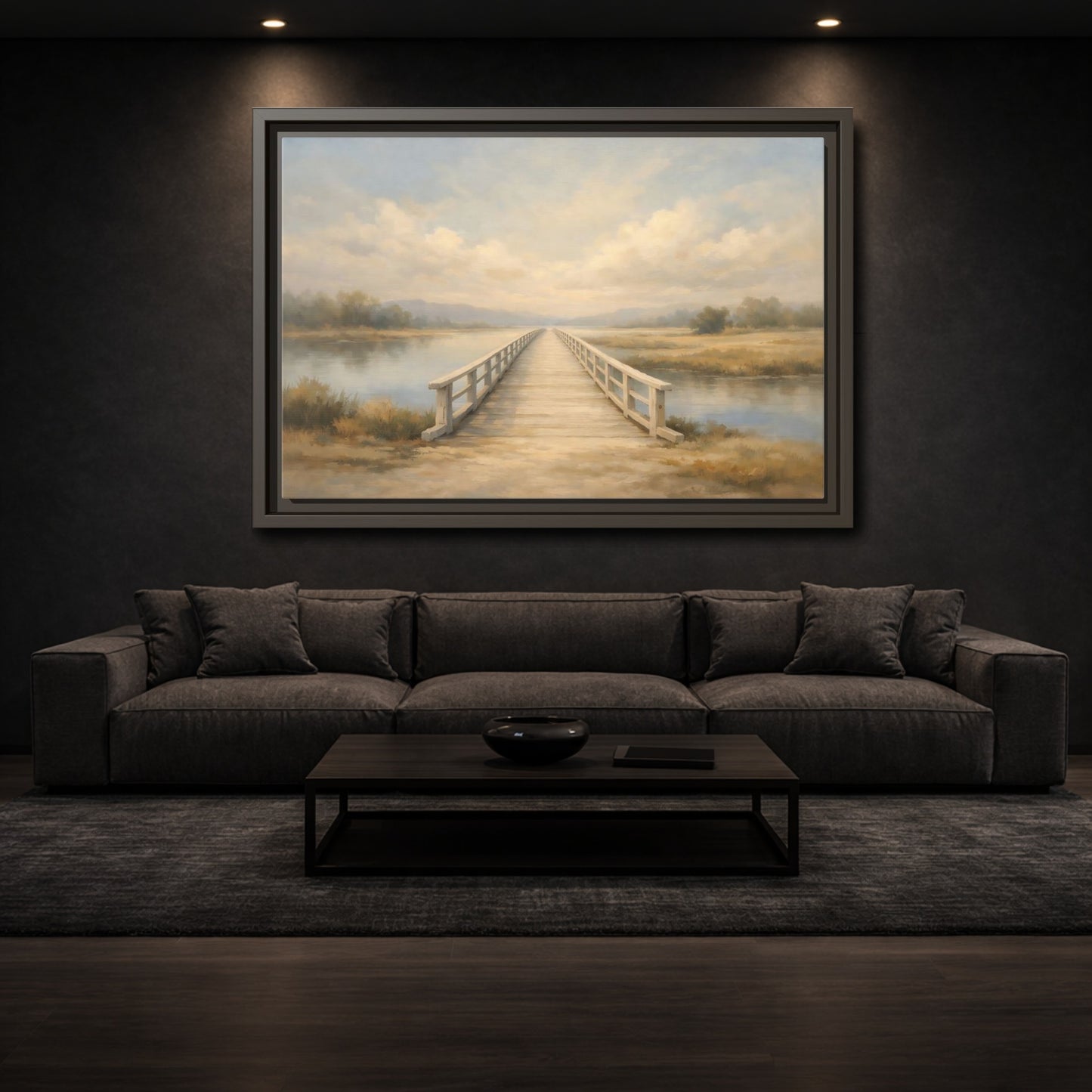 Mockup 2. Nature Wooden Bridge Muted Landscape shown as stretched canvas wall art
