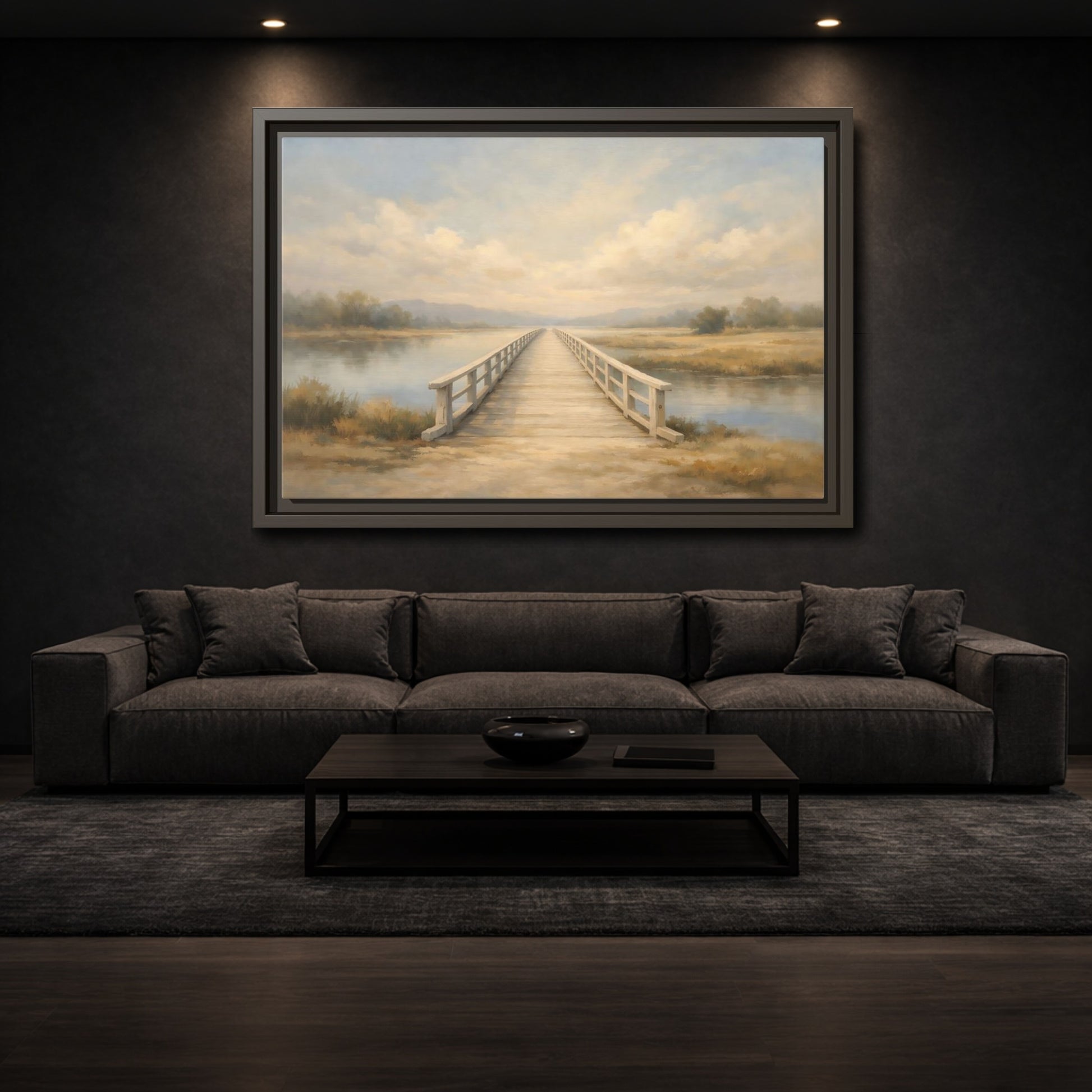 Mockup 2. Nature Wooden Bridge Muted Landscape shown as stretched canvas wall art