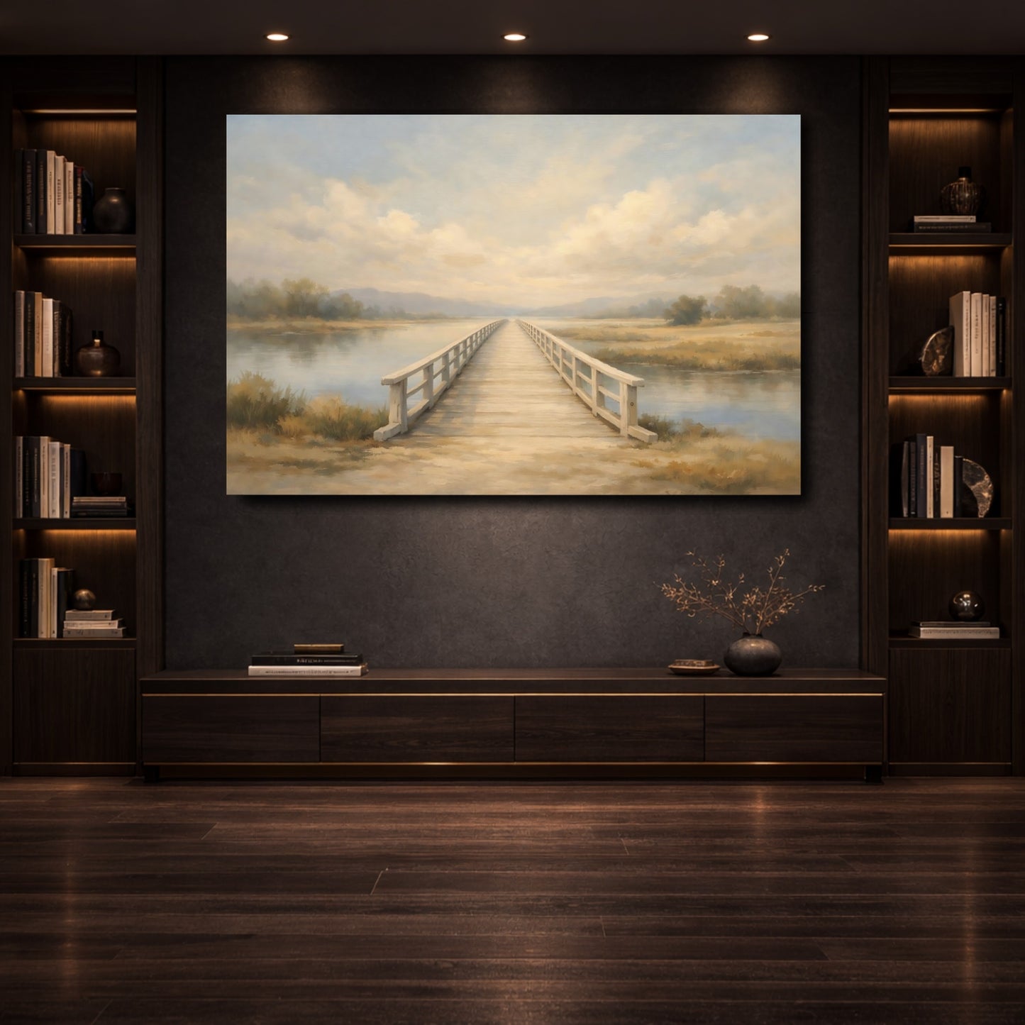 Mockup 3. Nature Wooden Bridge Muted Landscape shown as stretched canvas wall art