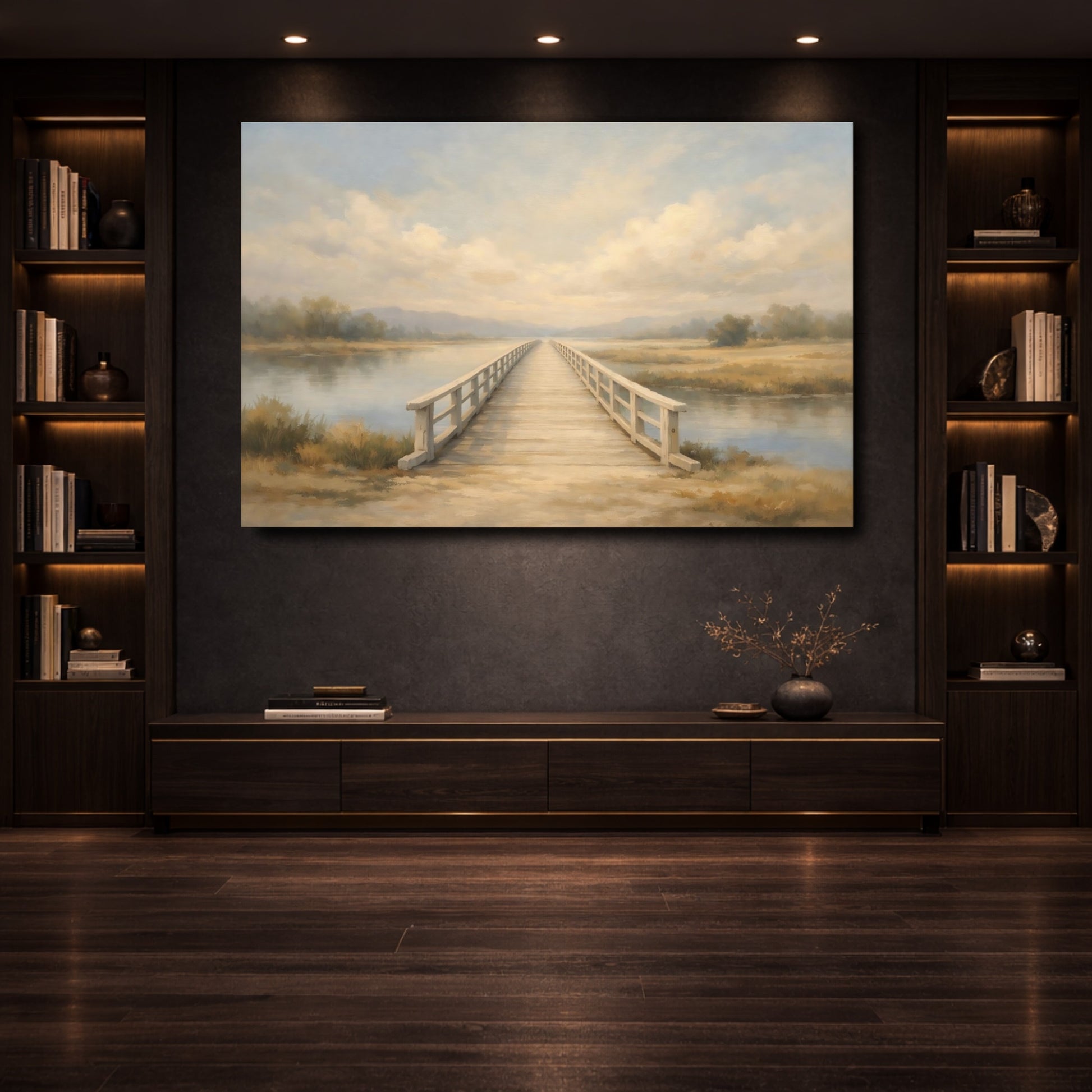 Mockup 3. Nature Wooden Bridge Muted Landscape shown as stretched canvas wall art