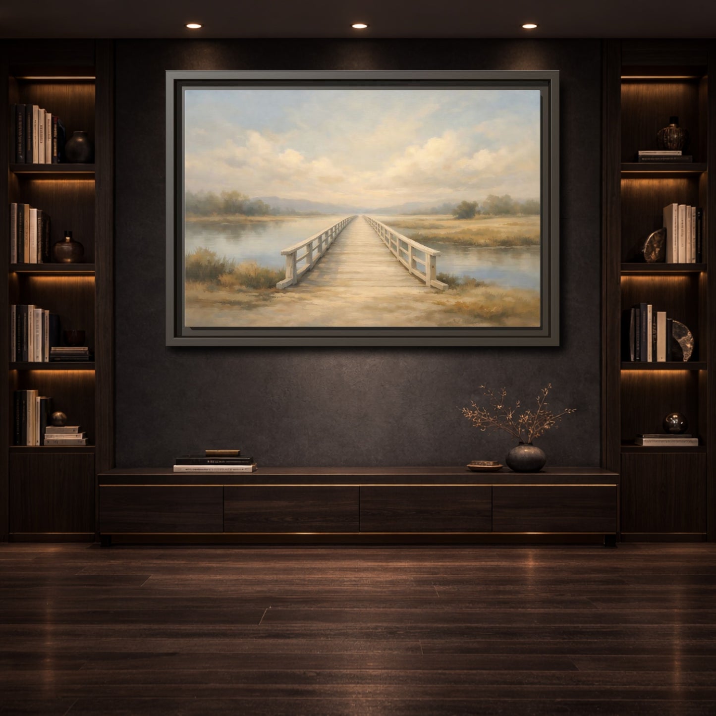 Mockup 3. Nature Wooden Bridge Muted Landscape shown as stretched canvas wall art