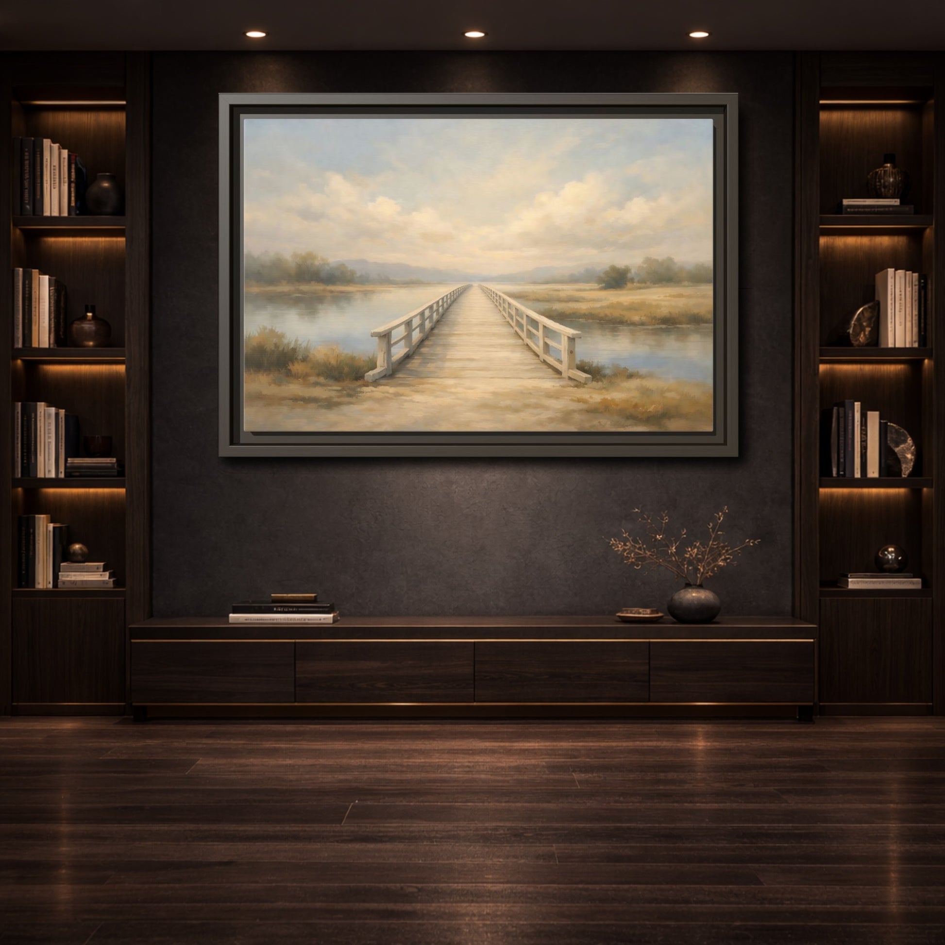 Mockup 3. Nature Wooden Bridge Muted Landscape shown as stretched canvas wall art