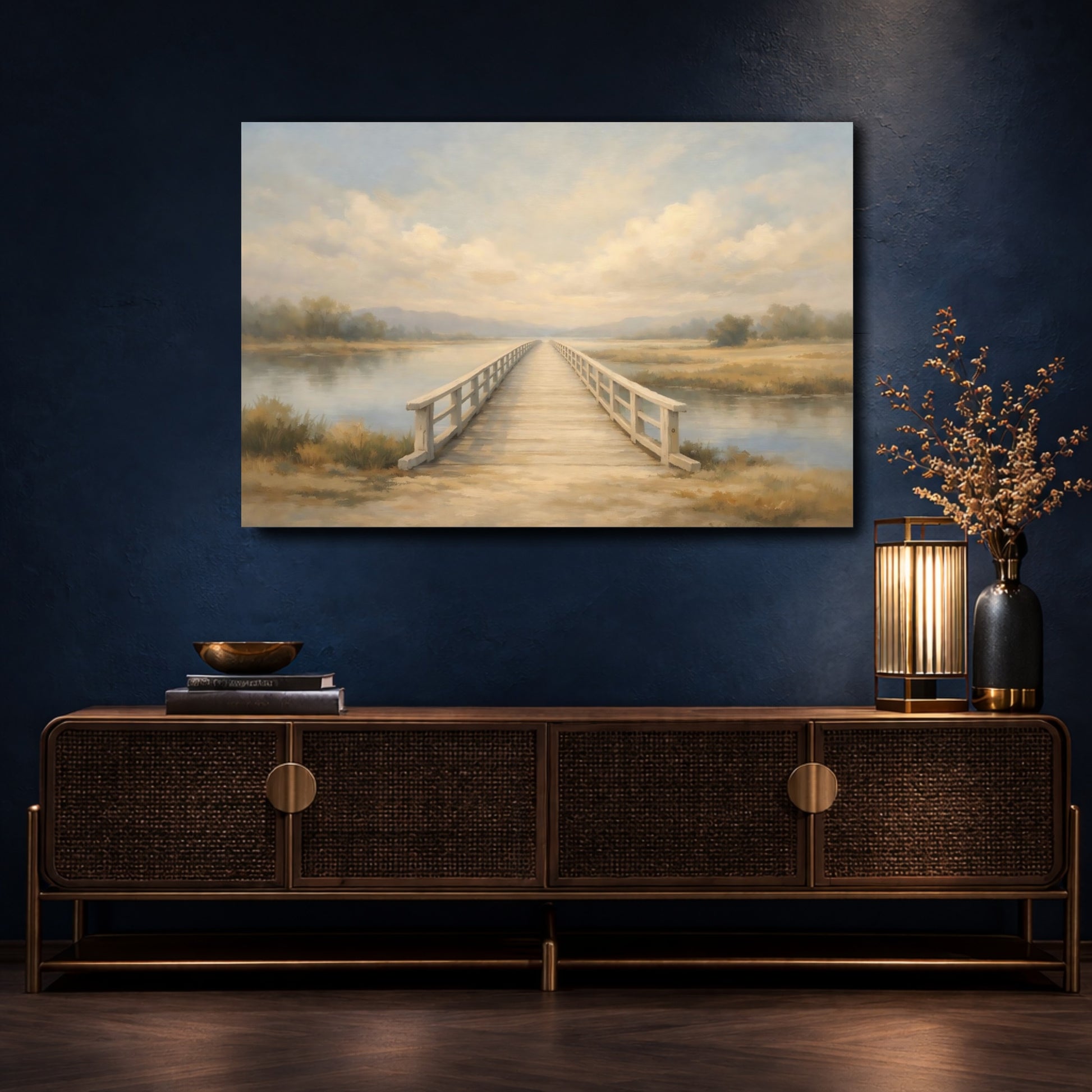 Mockup 4. Nature Wooden Bridge Muted Landscape shown as stretched canvas wall art