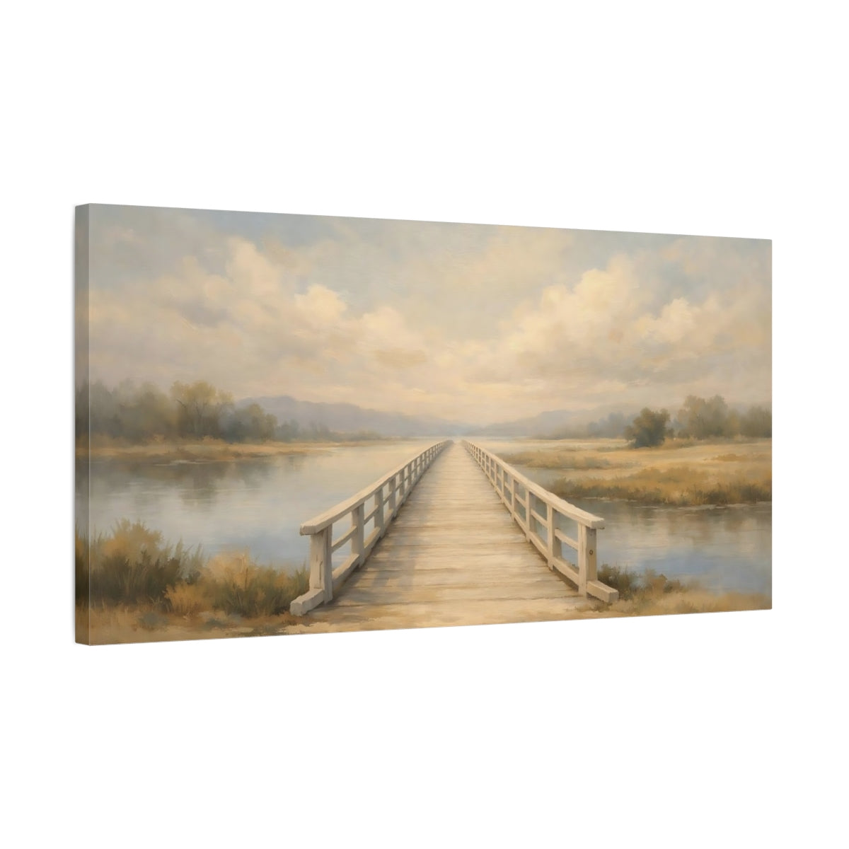 Side Mockup 2. Nature Wooden Bridge Neutral Landscape shown as stretched canvas wall art