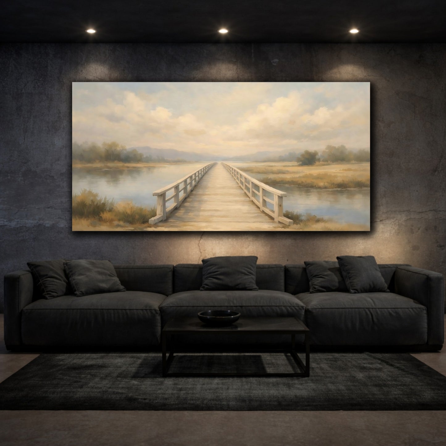 Mockup 2. Nature Wooden Bridge Neutral Landscape shown as stretched canvas wall art