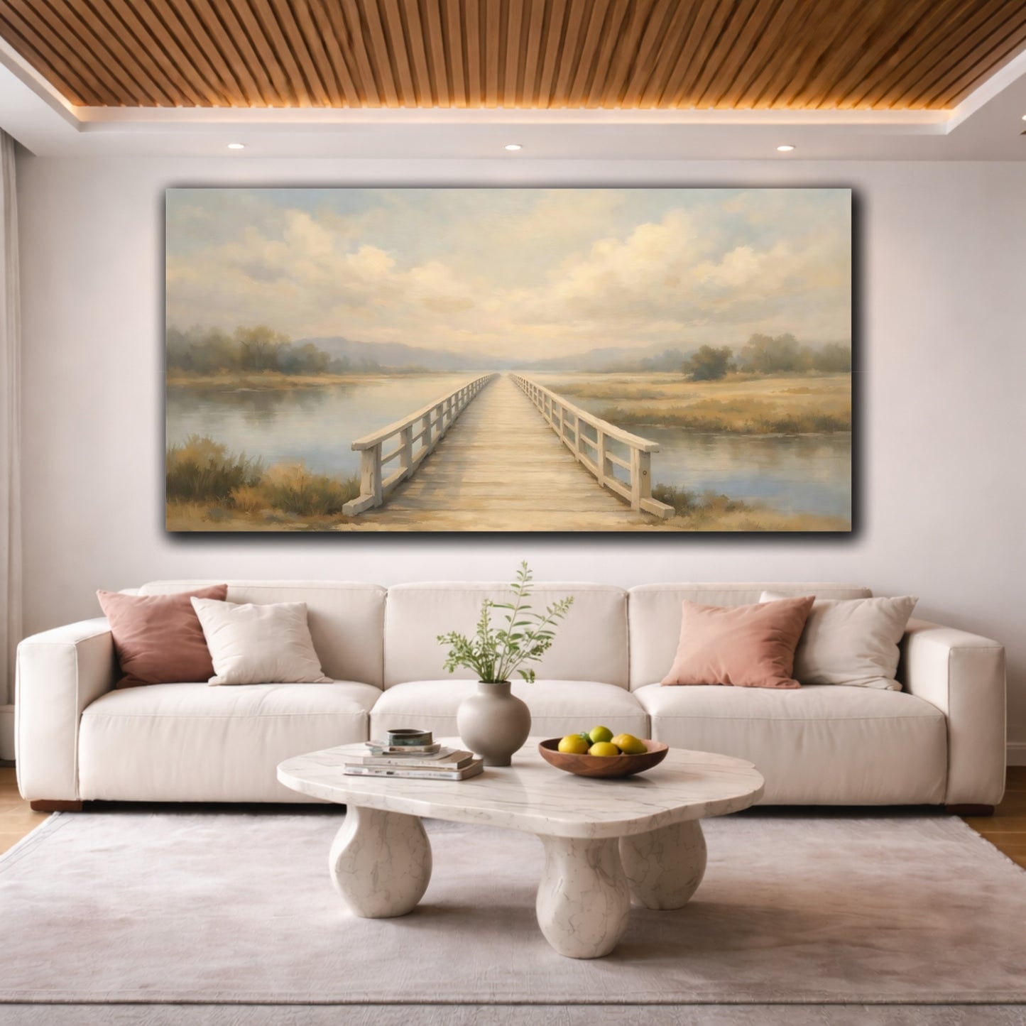 Mockup 3. Nature Wooden Bridge Neutral Landscape shown as stretched canvas wall art